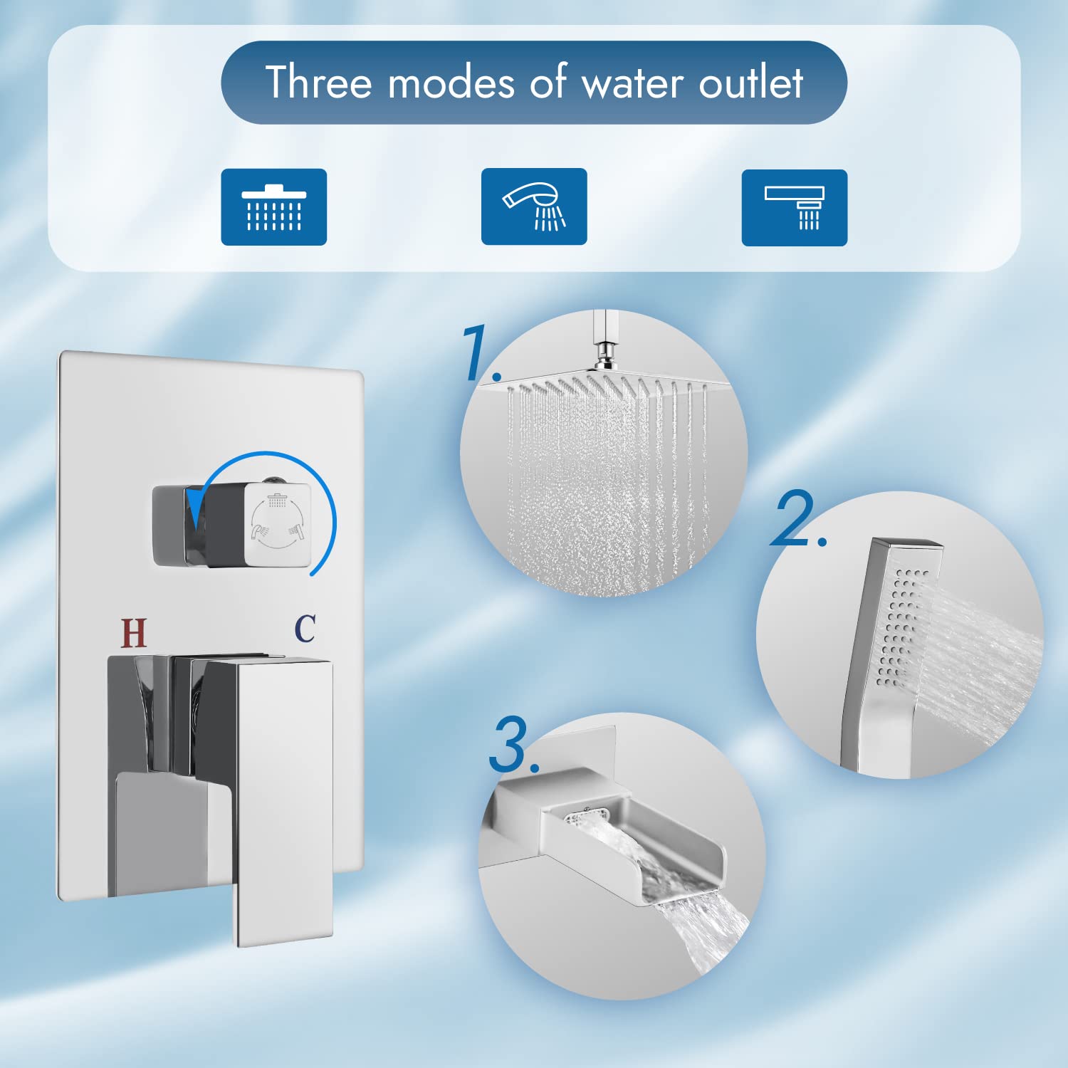 Premium 10 Inch Rainfall Shower Head with Handheld Spray & Waterfall Spout - 3 Function Ceiling Mount Bathroom Shower System in Polish Chrome | Perfect for Spa-Like Luxury Bathing Experience & Modern Bathroom Renovations