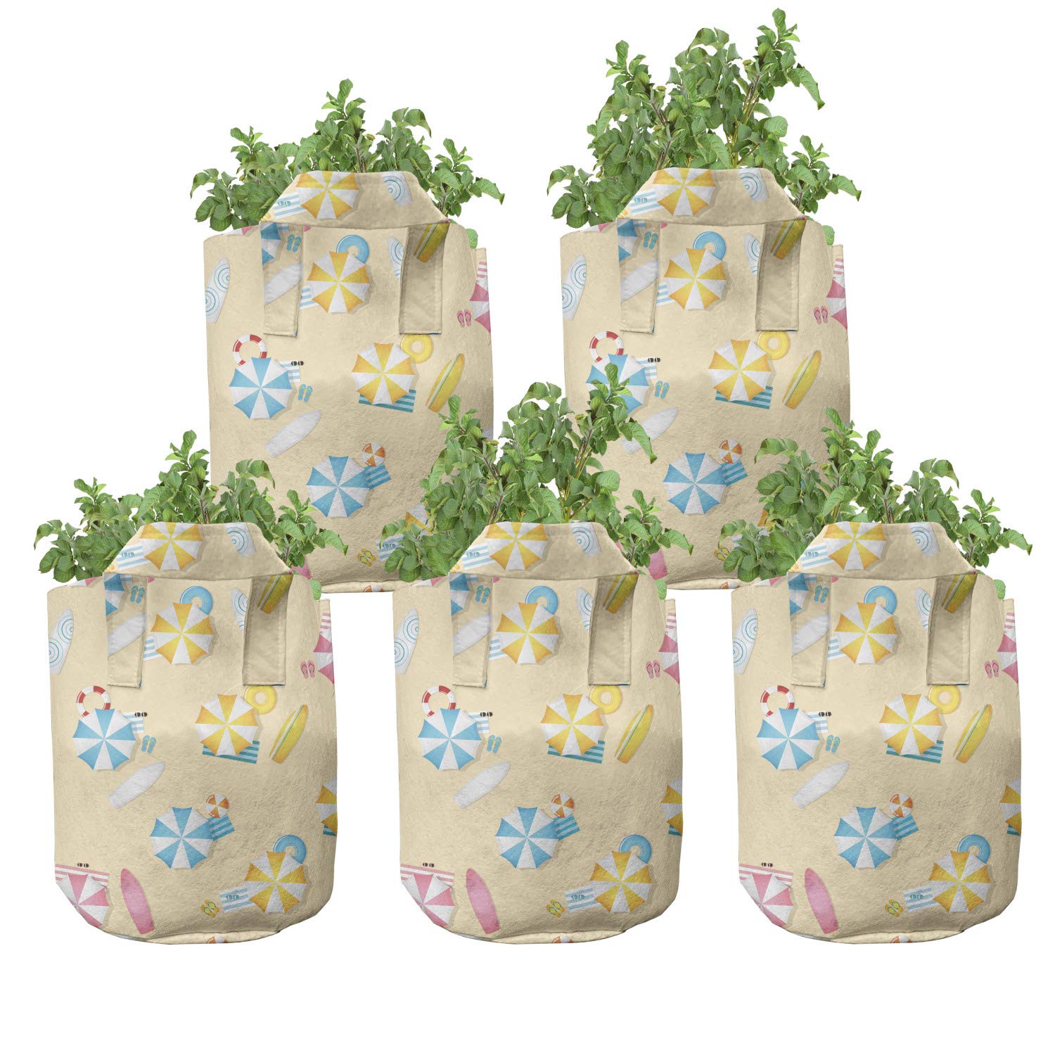 Ambesonne 5-Pack Heavy Duty Fabric Grow Bags with Handles - Durable Plant Pots for Gardening, Beach & Outdoor Use - Pale Pink & Yellow Summer Collection - Perfect for Plants, Flowers, Herbs & Beach Umbrella Base