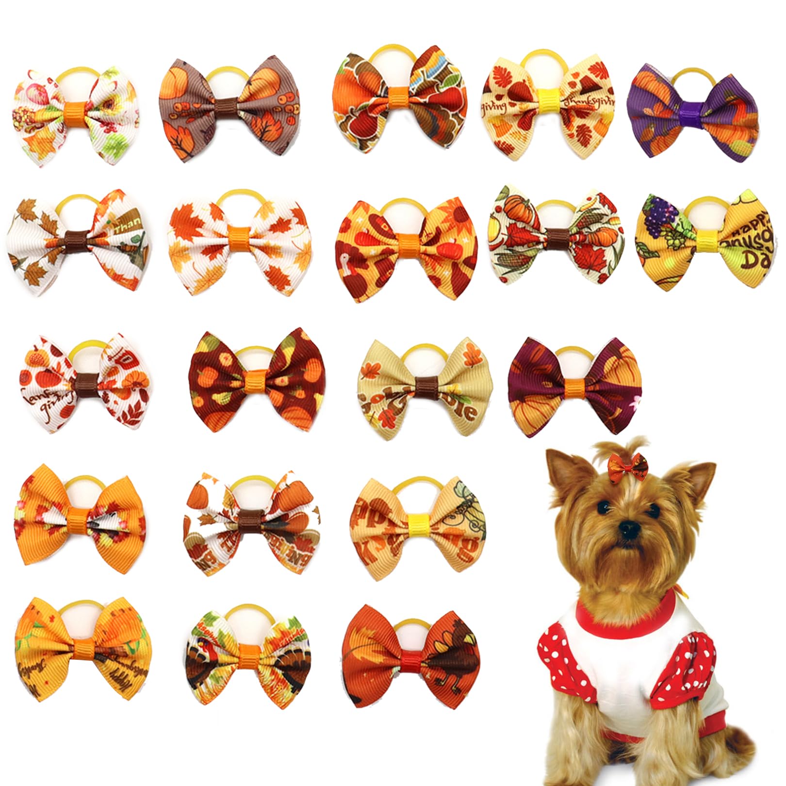 10Pcs Fall Dog Hair Bows Scrunchies - Maple Leaf Pumpkin Pattern Pet Grooming Accessories with Rubber Bands for Ponytails | Cute Thanksgiving Dog Hair Elastics & Ribbon Holders | Perfect for Seasonal Pet Photos & Holiday Parties