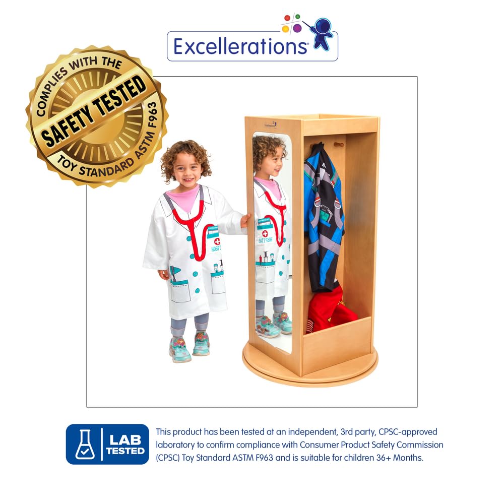 Excellerations Kids Spinning Dress Up Storage Organizer - Rotating Costume Play Unit with Cubbies, Hooks & Mirror - Perfect for Pretend Play, Imaginative Play & Playroom Organization - Great for Birthday Parties, Dress-Up Games & Preschool Classrooms