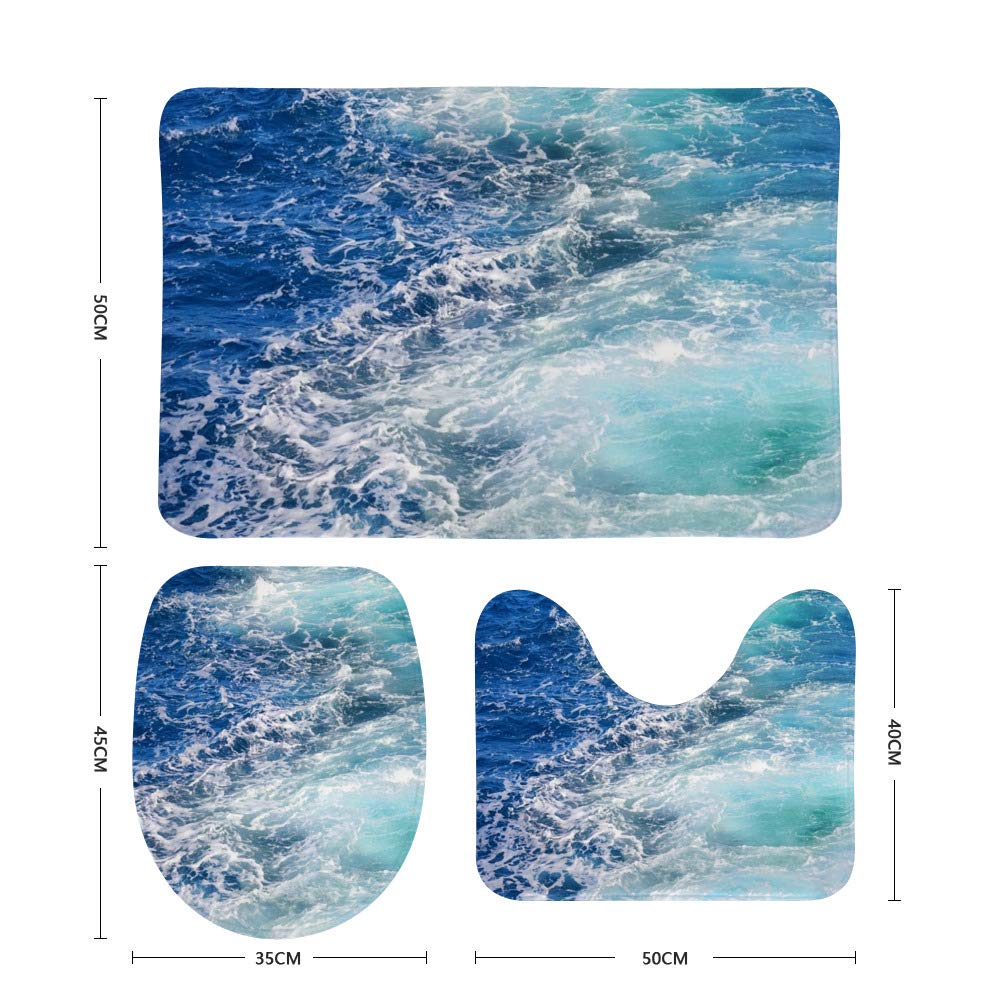3-Piece Non-Slip Bathroom Rug Set - Teal Blue Sea Waves Design, Contour Mat + Toilet Lid Cover + Bath Mat | Soft & Absorbent for Bathroom Safety & Style