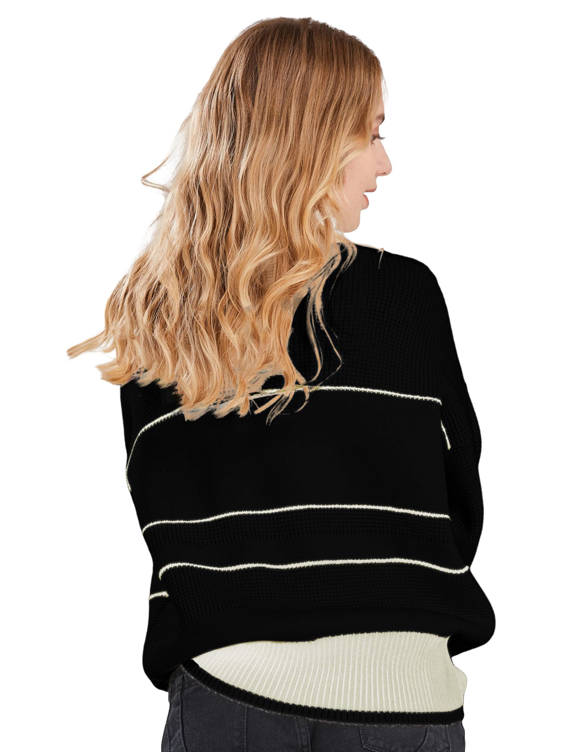 CHARTOU Women's Waffle Knit Striped Polo Collar Long Sleeve Pullover Sweater - Casual Loungewear & Office Wear