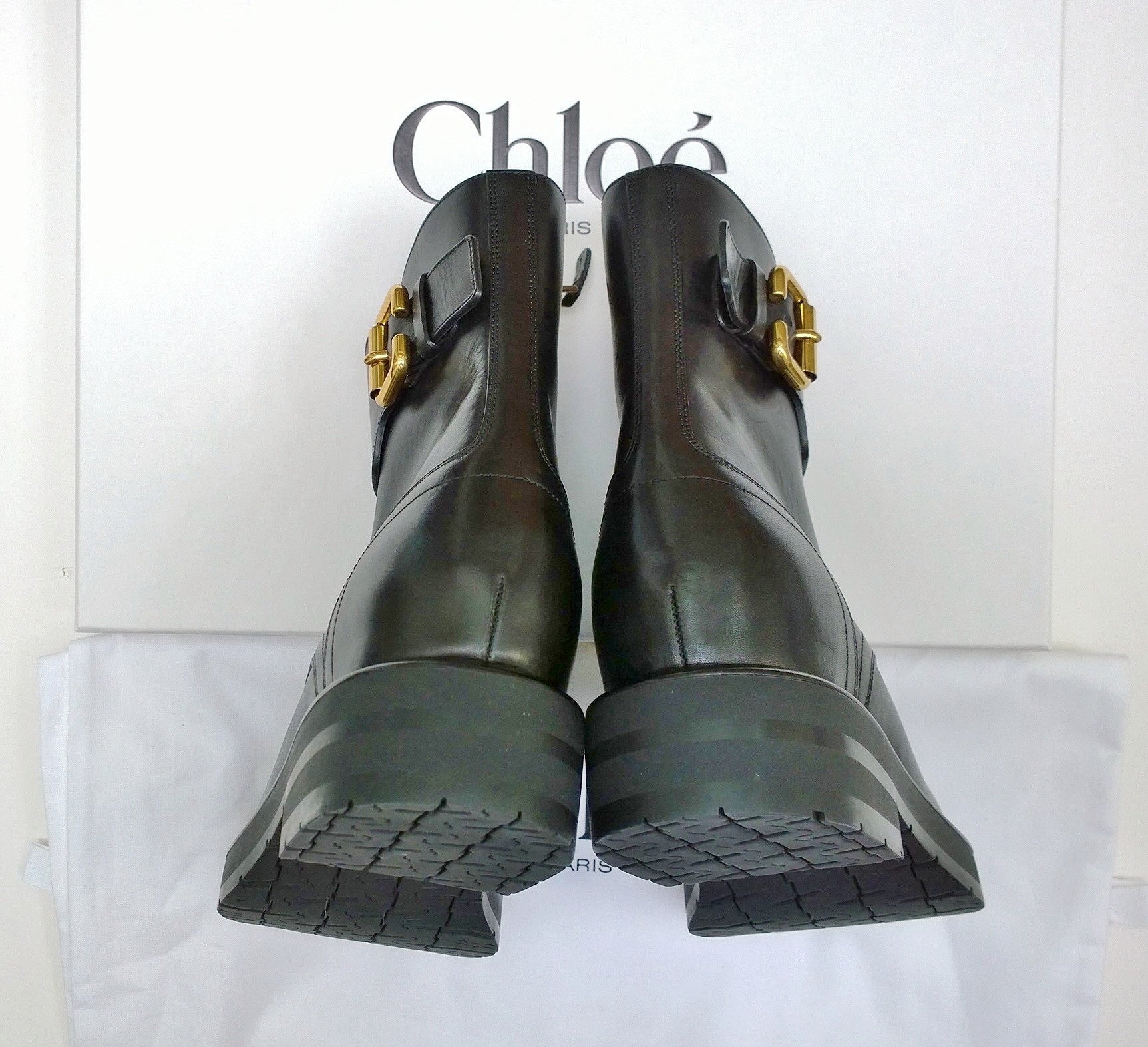 Chloé Coddington Black Leather Ankle Boots with Logo Buckle Detail - Hidden Platform Heels - New in Box - Perfect for Office Wear & Night Out