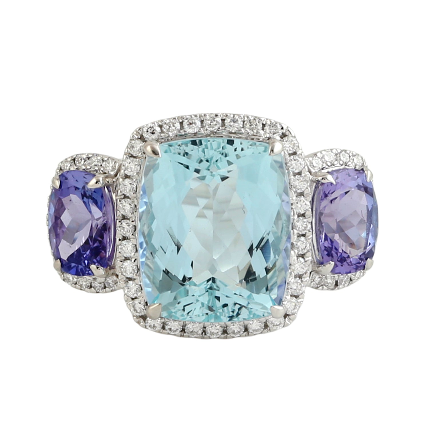 Exquisite Cushion Cut Aquamarine & Tanzanite Three Stone Ring with Pave Diamonds in 14K White Gold | Elegant Engagement, Anniversary & Wedding Jewelry Gift for Her
