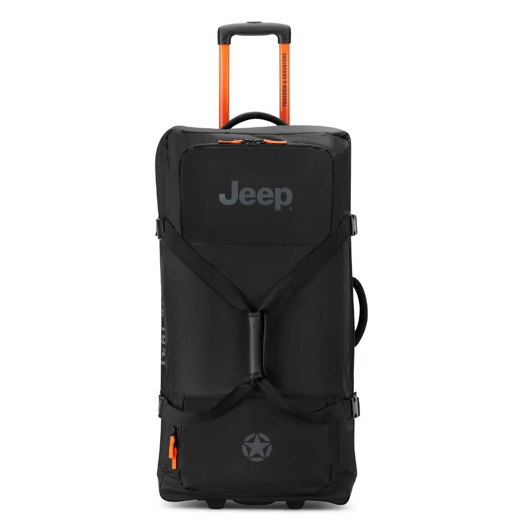 Jeep 82cm 2-Wheel All-Terrain Rolling Duffle Bag - Heavy Duty Travel Duffel with Spinner Wheels for Camping, Gym, Sports & Airplane Luggage - Black