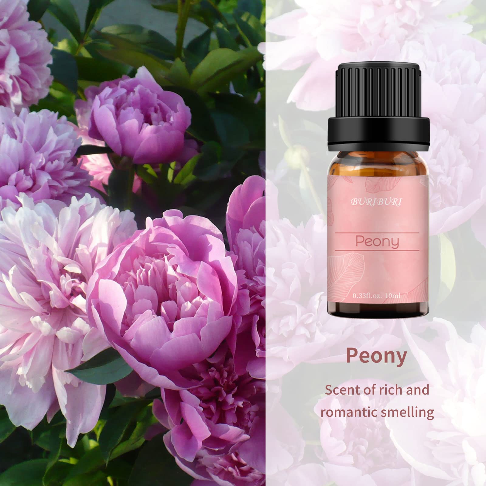 BURIBURI 100% Pure Rose & Peony Essential Oil Set (2 Pack, 10ml Each) - Aromatherapy Diffuser, Massage Oil, Soap Making for Relaxation & Skin Care
