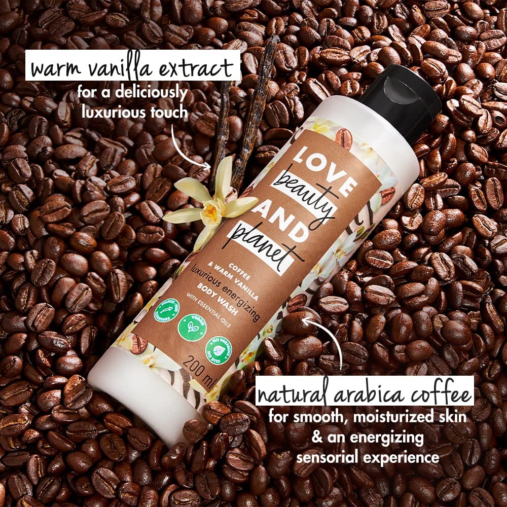 Love Beauty & Planet Moisturizing Body Wash - Sulfate & Paraben Free Shower Gel with Coffee & Warm Vanilla Scent (200ml) | Hydrating & Nourishing for Dry Skin | Perfect for Daily Shower & Relaxing Bath Time