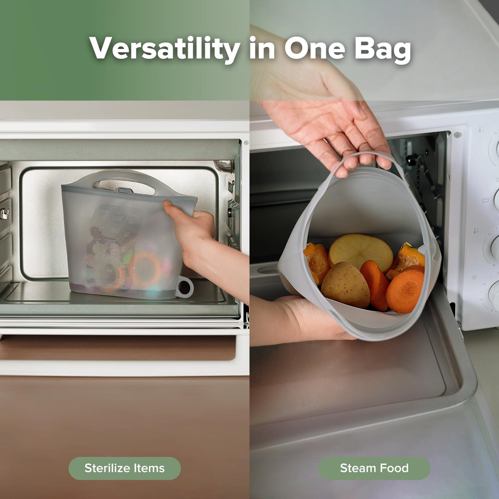 Haakaa Silicone Microwave Steam Sterilizer Bags - 1500ml Reusable Baby Bottle Sterilizer for Breast Pump Parts, Pacifiers & Teethers | Portable Travel & Home Use | BPA-Free, Grey | Perfect for Daycare, Traveling & Quick Sterilization