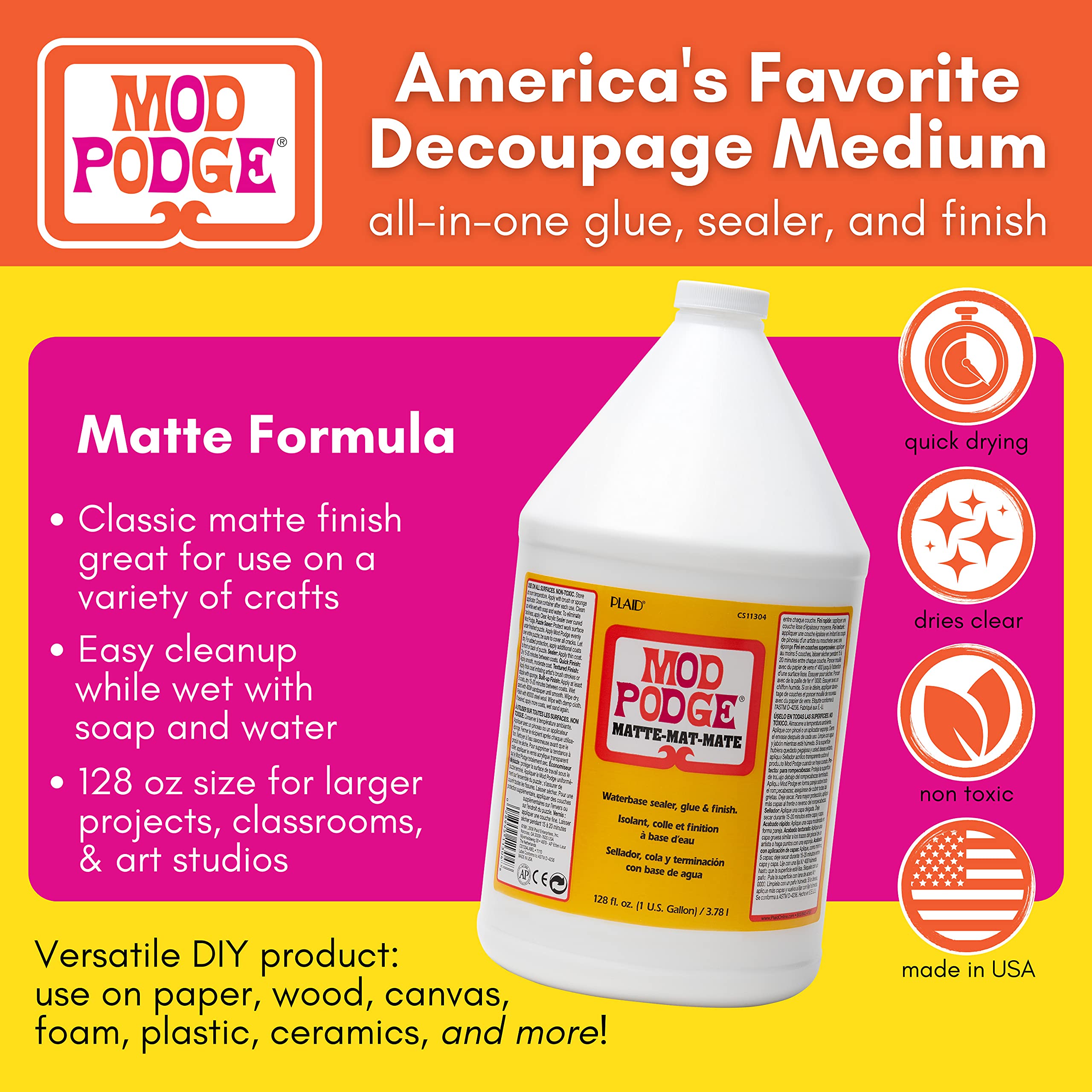 Mod Podge CS11304 Waterbase Sealer, Glue and Finish - 128 oz Matte Finish for DIY Crafts, Scrapbooking & Decoupage Projects | Non-Toxic Sealing Solution for Wood, Fabric & Paper Crafts