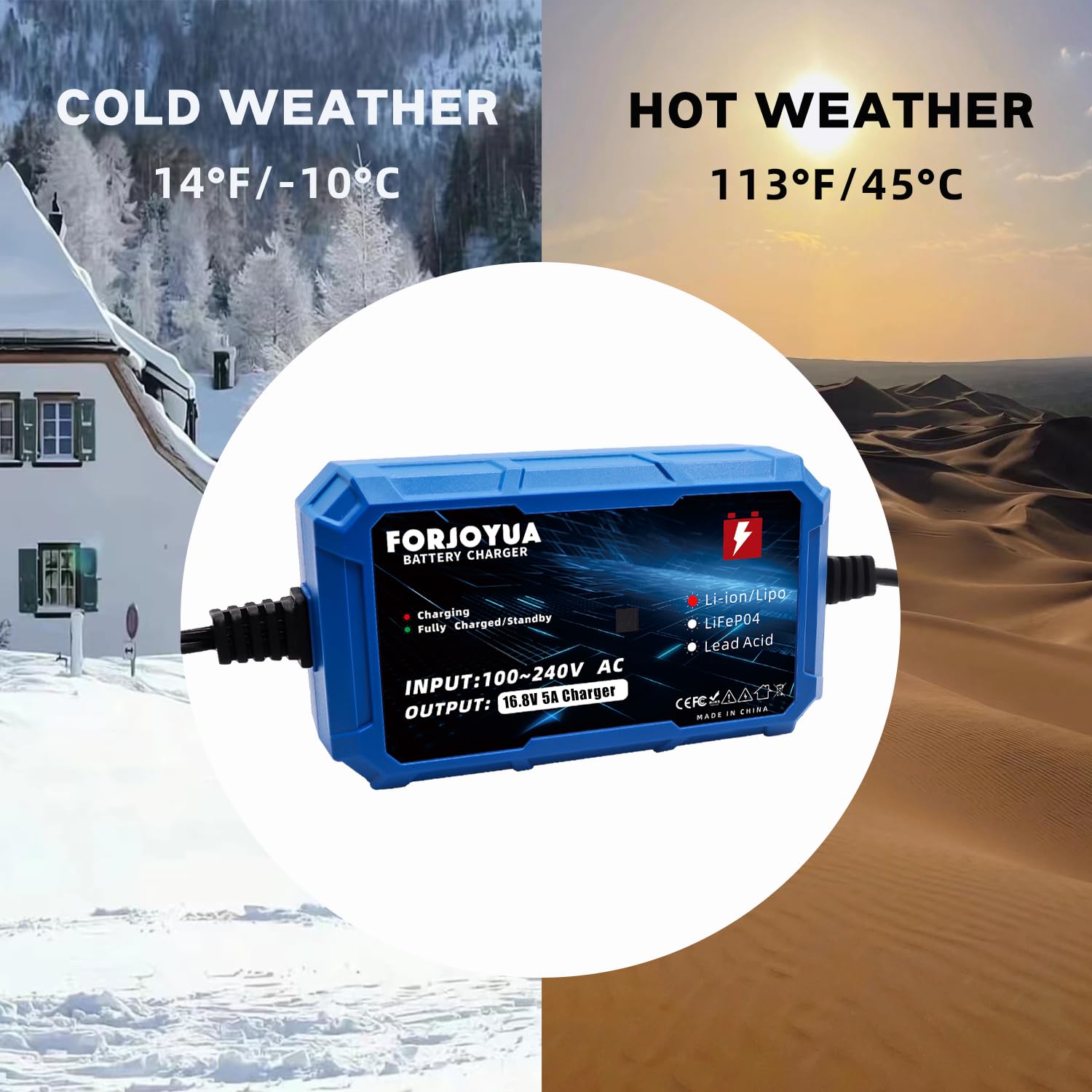 FORJOYUA 16.8V 5A Fast Charger with DC5.5x2.1mm Connector - Compatible with 14.8V 4S Li-ion Battery Packs | Perfect for RC Drones, Power Tools & Electric Scooters