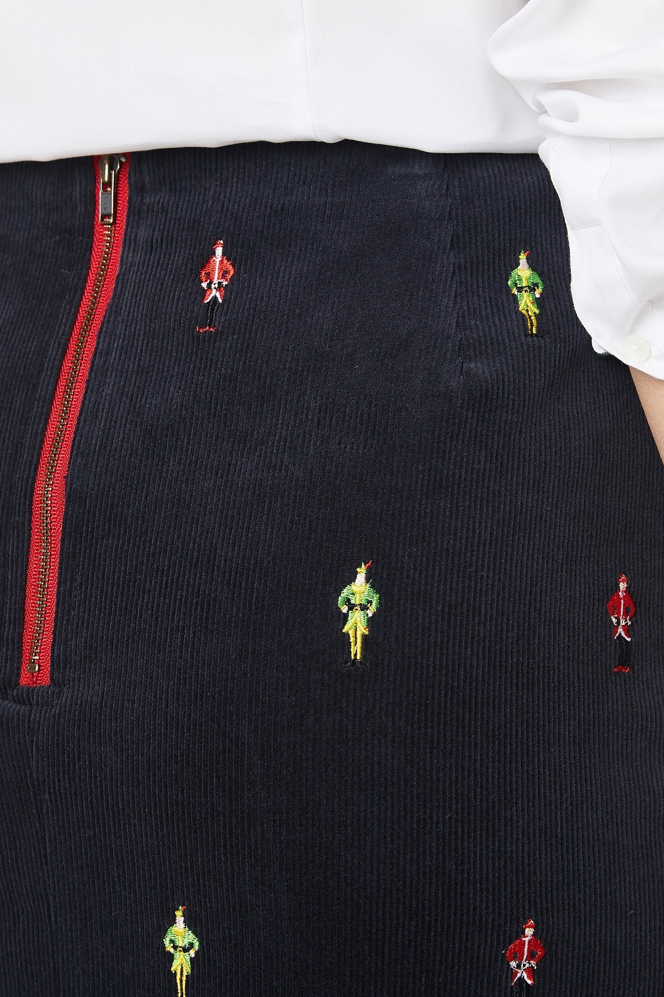 Women's Corduroy Skirt - Nantucket Navy with Elf Embroidery | Casual Fall & Winter Fashion for Holiday Parties & Office Wear