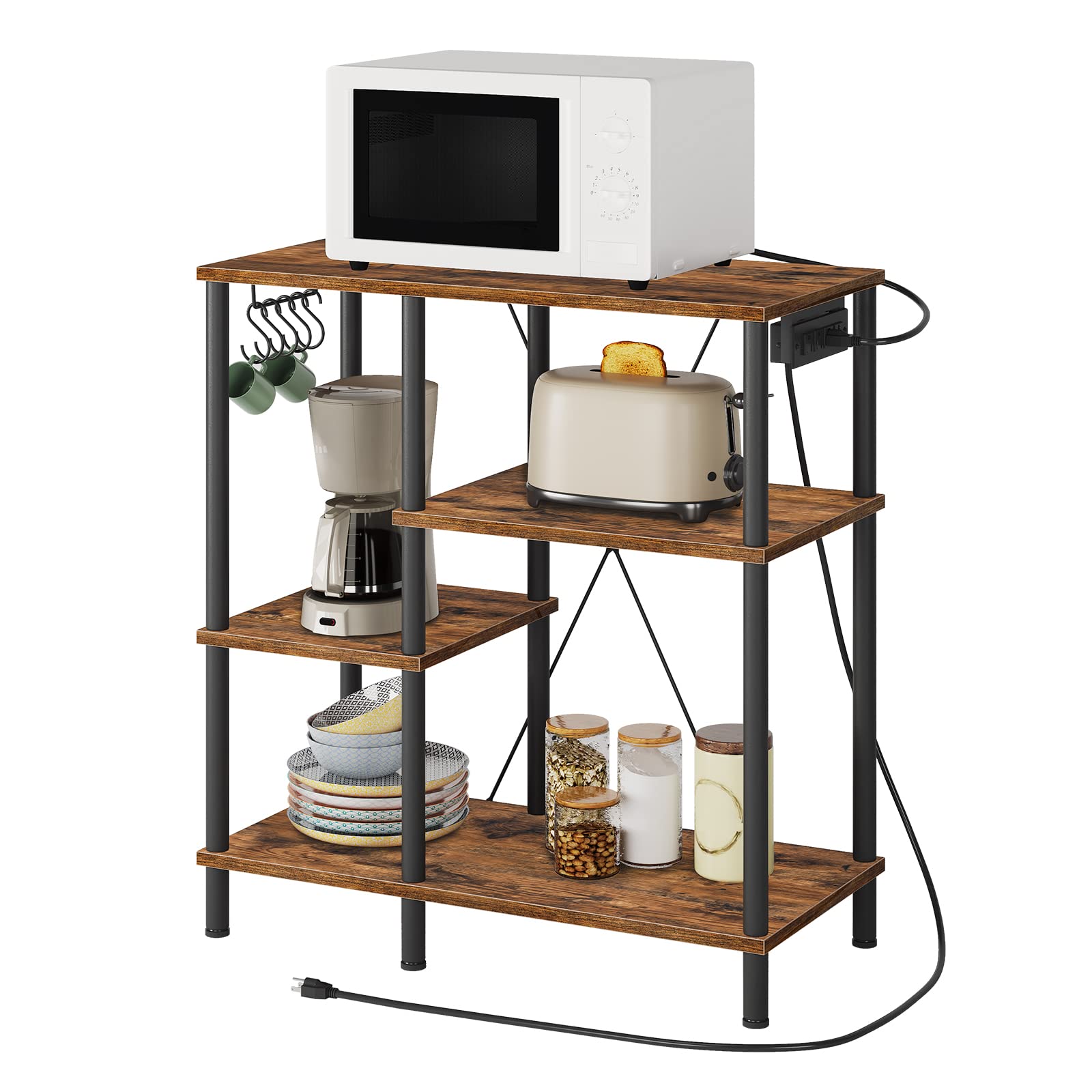 HOOBRO Rustic Brown and Black Bakers Rack with Power Outlet - Microwave Stand with 5 S-Shaped Hooks, Kitchen Storage Shelf & Coffee Bar Organizer - Perfect for Kitchen, Living Room, Dining Room, or Home Office (Model BF07UHB01)
