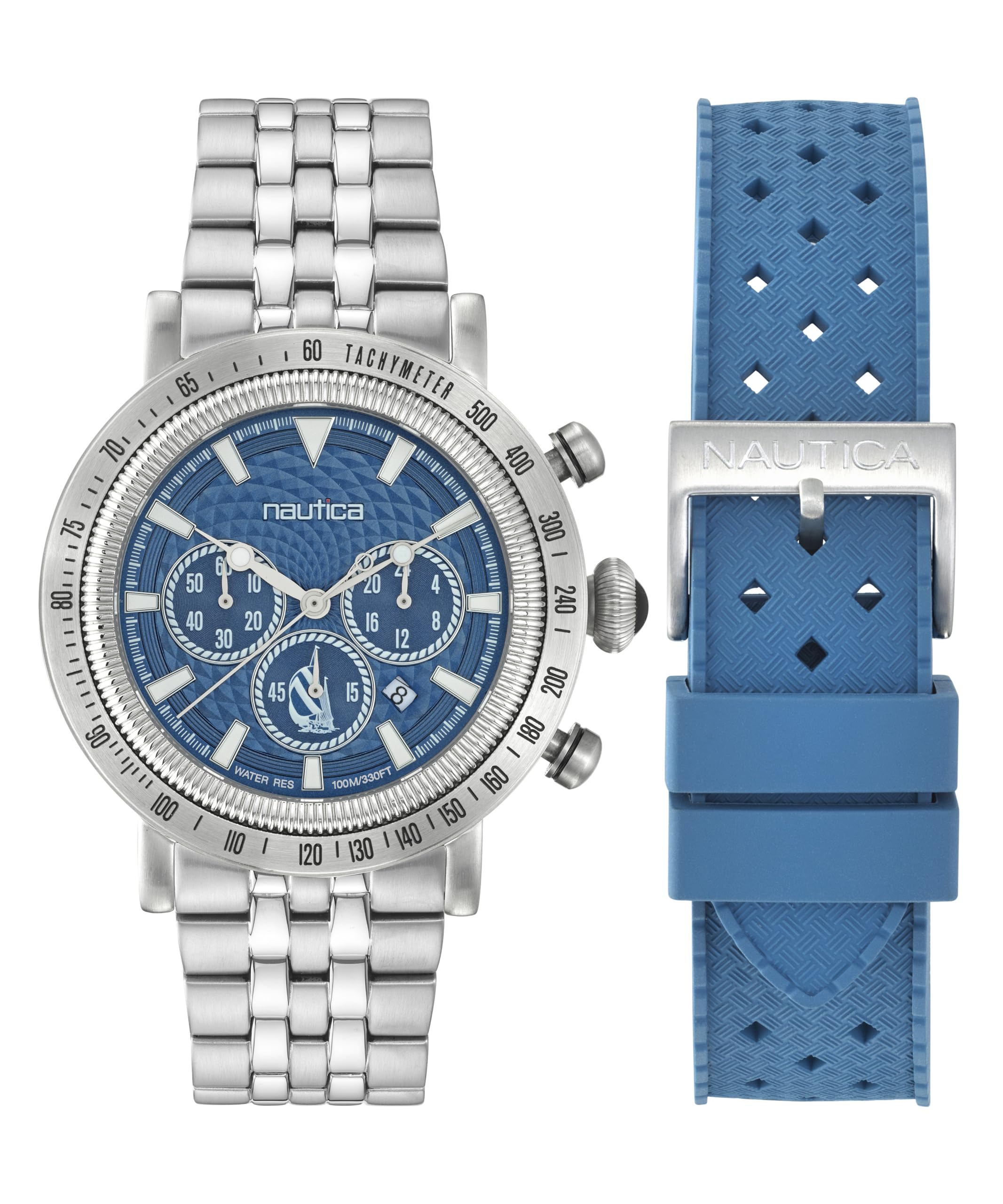 Nautica Men's NAPSPF302 Recycled Stainless Steel Bracelet & Light Blue Silicone Strap Watch - Waterproof Casual Dress Watch for Men, Perfect for Office, Outdoor & Everyday Wear