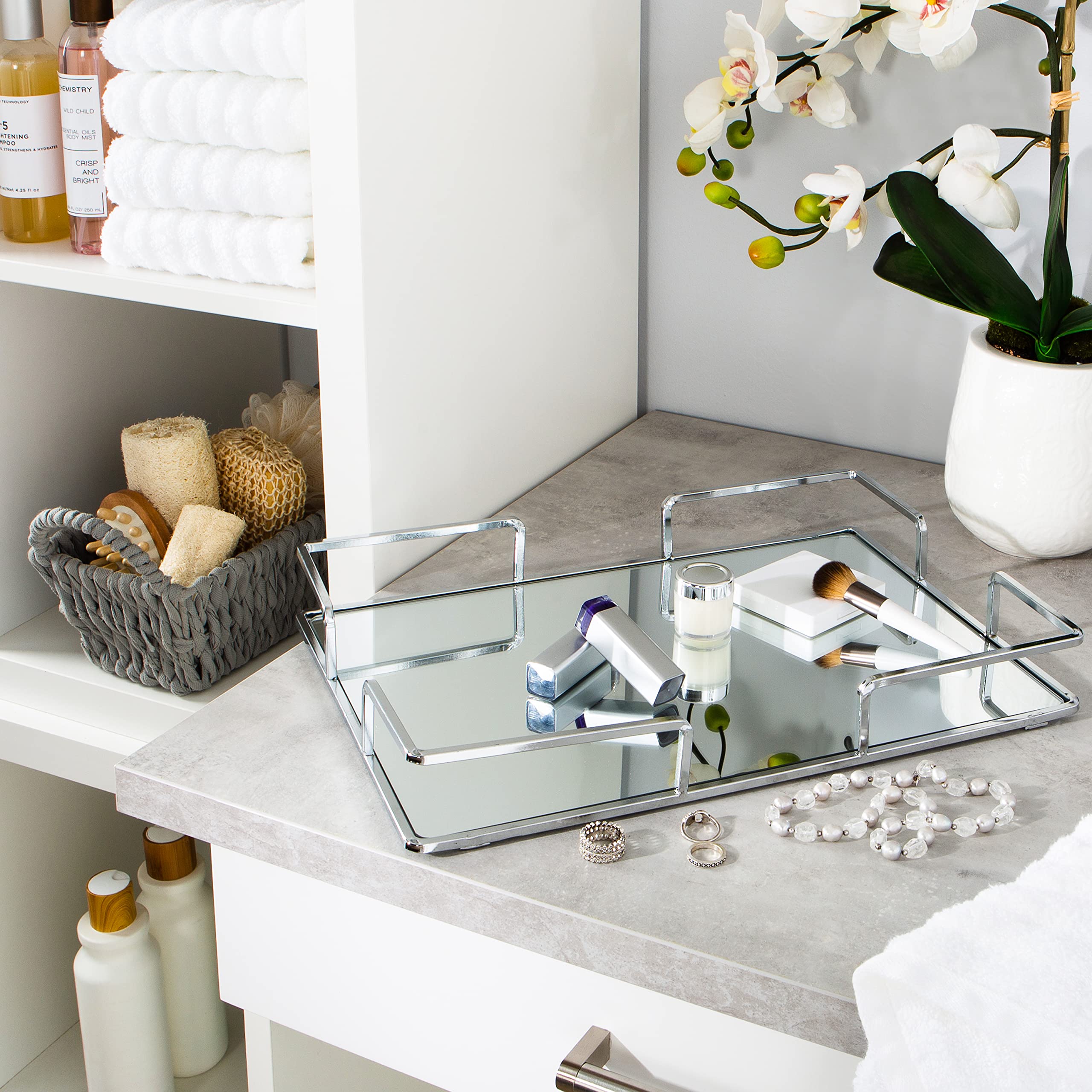 Modern Square Vanity Tray - Chrome Jewelry & Cosmetic Organizer for Dresser, Desk, Perfume Display - Decorative Storage Solution for Home, Bathroom & Bedroom - 1 Pack