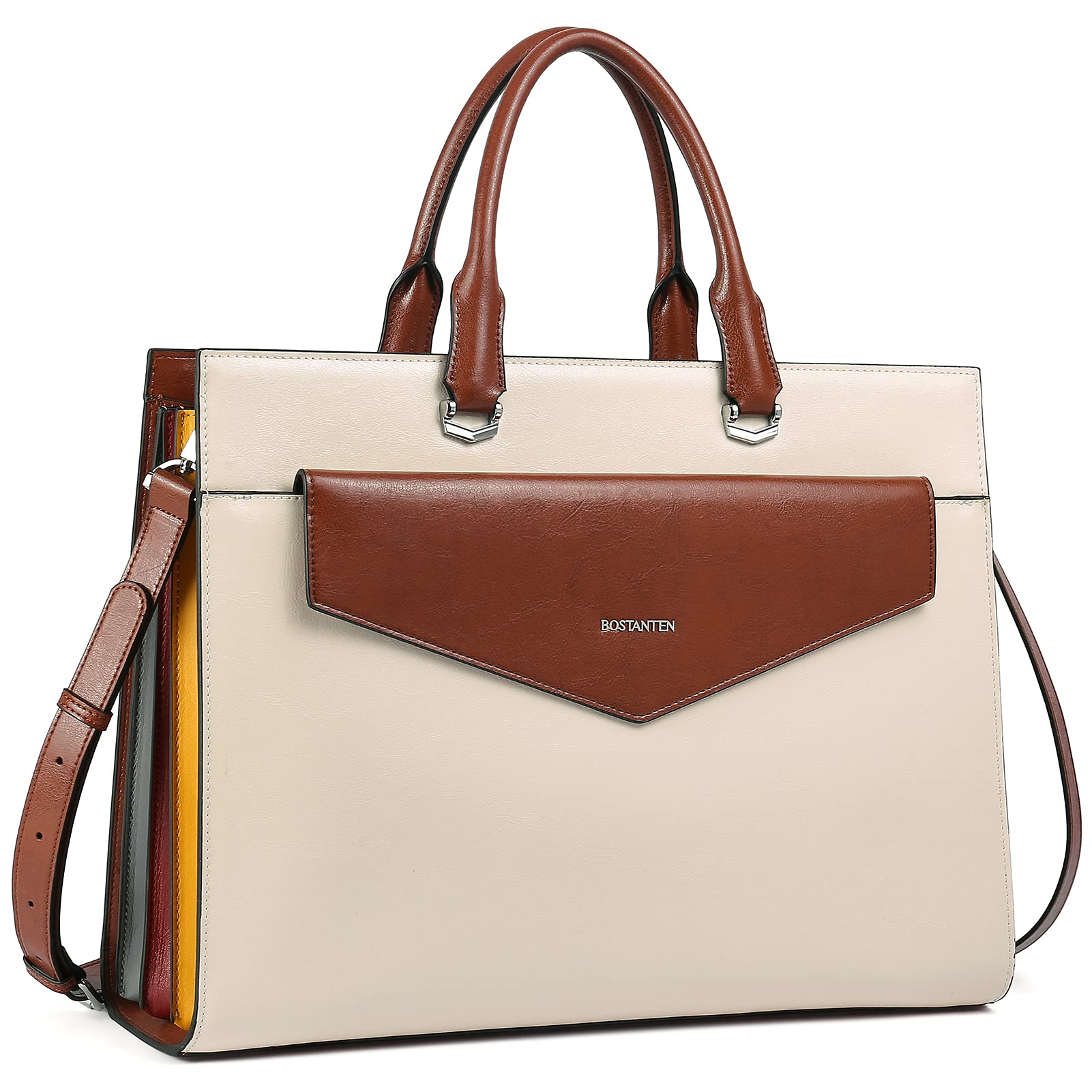 BOSTANTEN Women's Genuine Leather Laptop Tote Bag - 15.6 Inch Professional Work Briefcase Handbag in Beige - Perfect for Office, Business Travel & Daily Commute