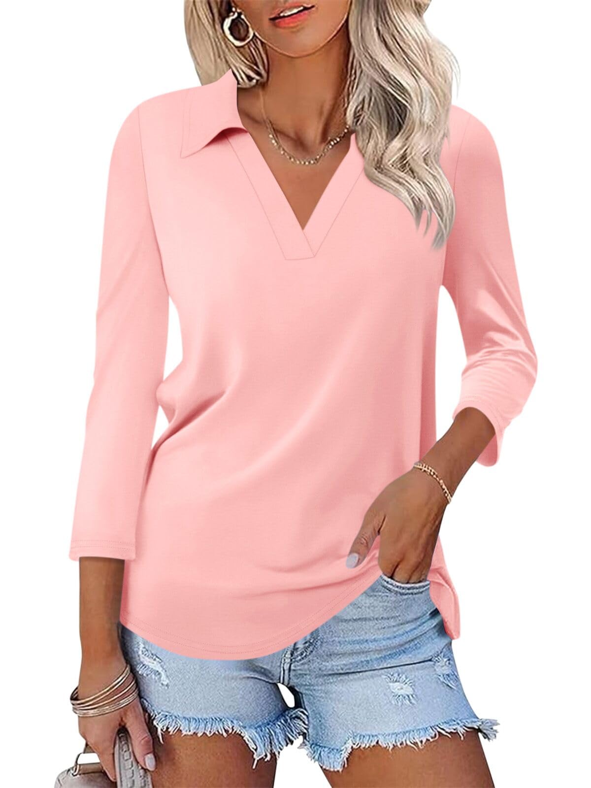 Women's V-Neck Polo Shirts 3/4 Sleeve Collared Tops - Business Casual Summer Blouses, Trendy Loose Fit T-Shirts for Work, Office & Outdoor Activities