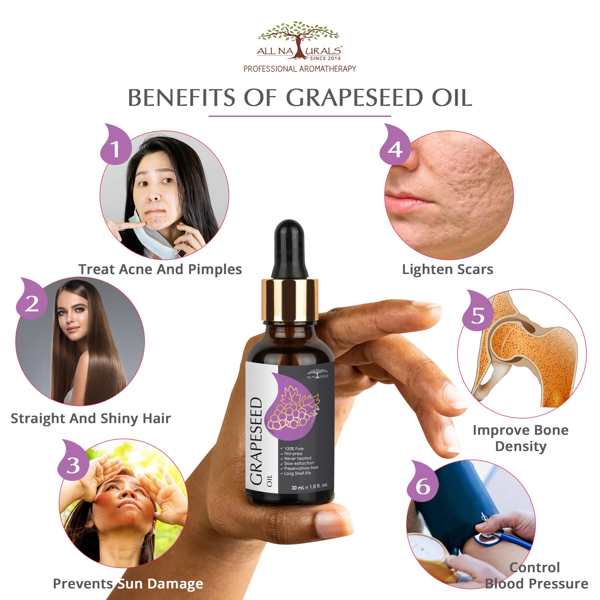 100% Pure Cold Pressed Grapeseed Oil from Spain - Natural Skin Tightening, Acne Treatment & Hair Growth Solution (30ml) - Perfect for Face Care, Massage & DIY Beauty Recipes