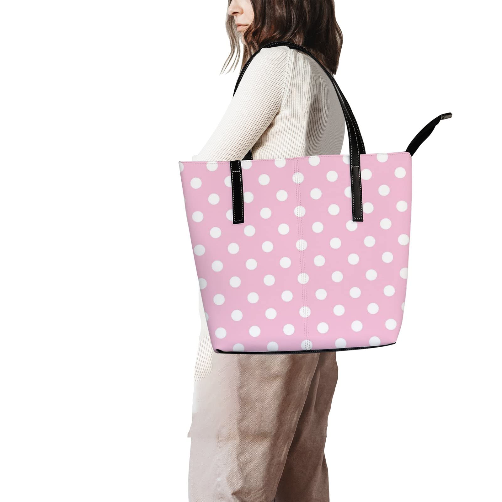 Stylish Pink & White Polka Dot Leather Tote Bag for Women - Zippered Crossbody Work Handbag with Adjustable Strap (Perfect for Office, Travel & Shopping)