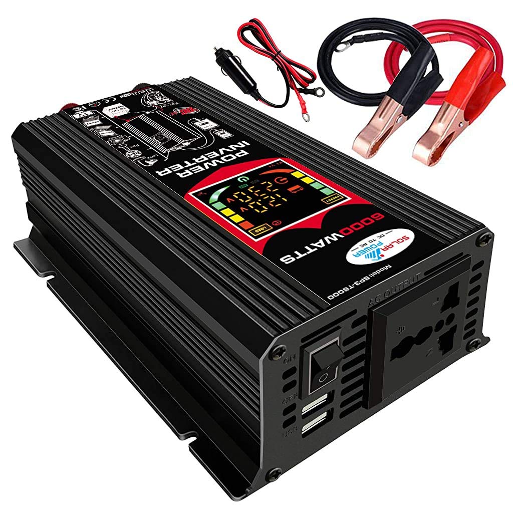6000W Pure Sine Wave Power Inverter DC 12V to AC 110V/220V Converter with LCD Display, Dual USB Ports & Battery Clips - Perfect for RVs, Boats, Camping & Emergency Power Backup