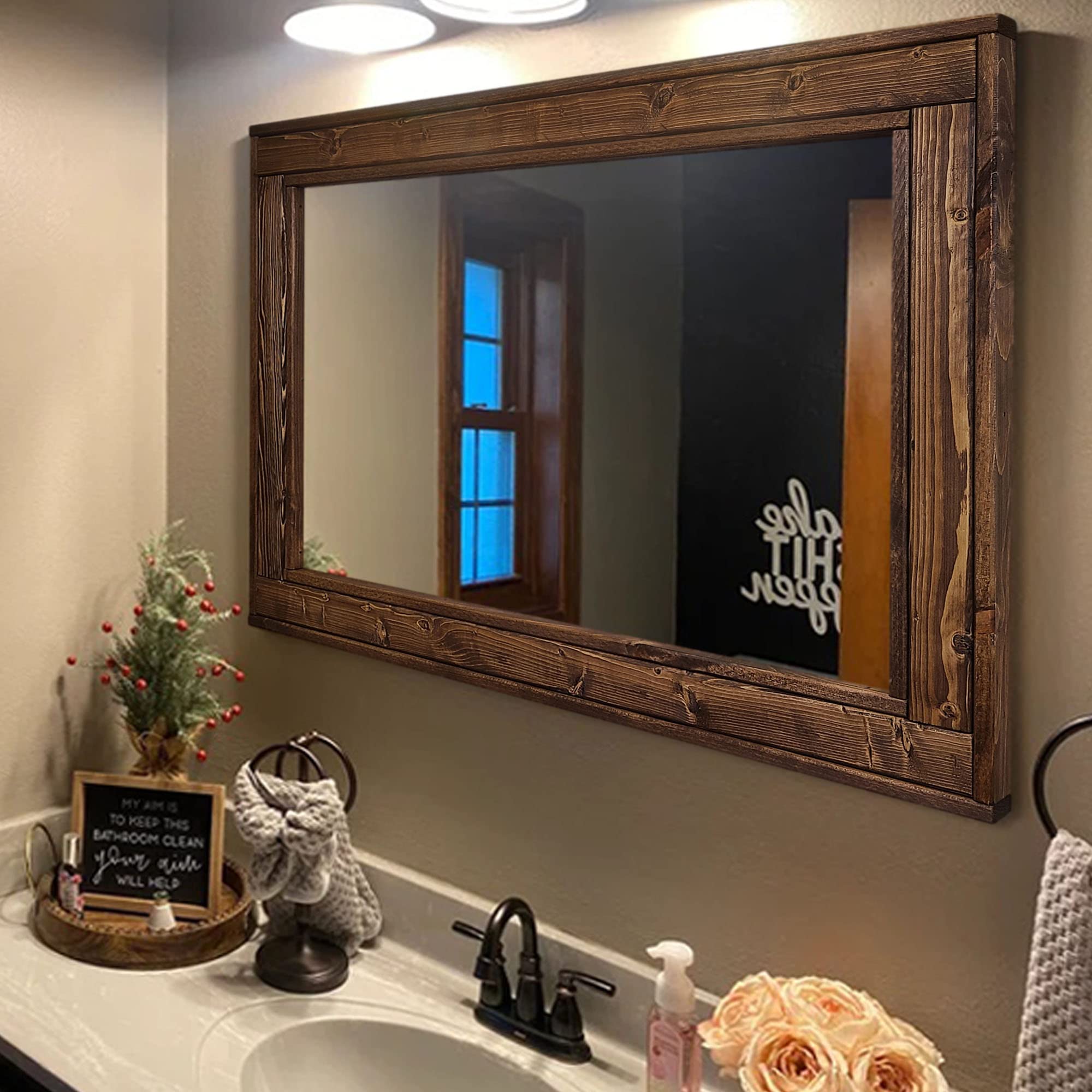 Vintage Herringbone Reclaimed Wood Wall Mirror - 5 Size Options & 20 Custom Stain Colors (Special Walnut Shown) - Rustic Bathroom Vanity Mirror - Farmhouse Decor for Bedroom, Living Room & Entryway