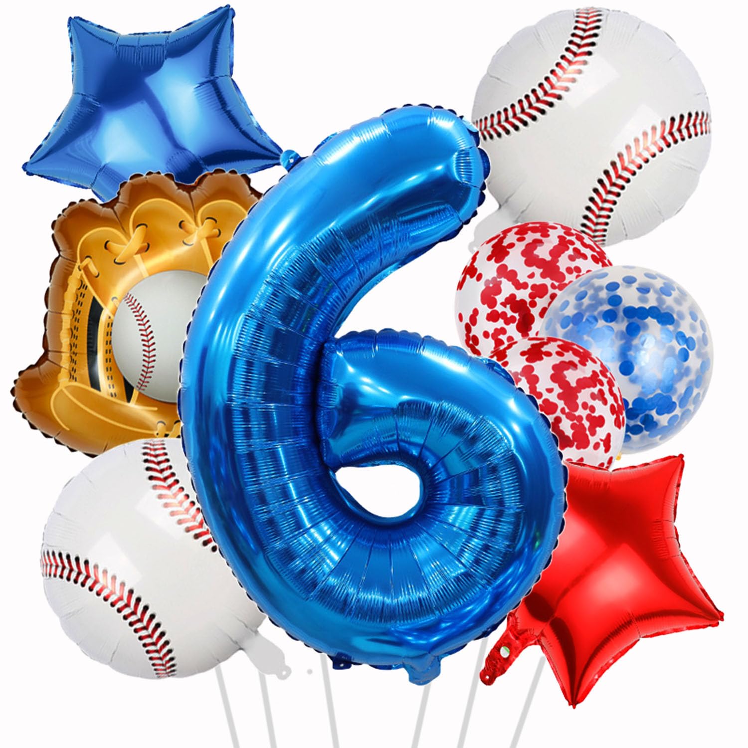 Baseball Balloon Set - 9Pcs Baseball Glove & Number 6 Balloons with Red Blue Stars & Confetti for Boys Birthday Party Decorations | Perfect for Baseball Themed Birthday Parties, Baby Showers, and Sports Decor
