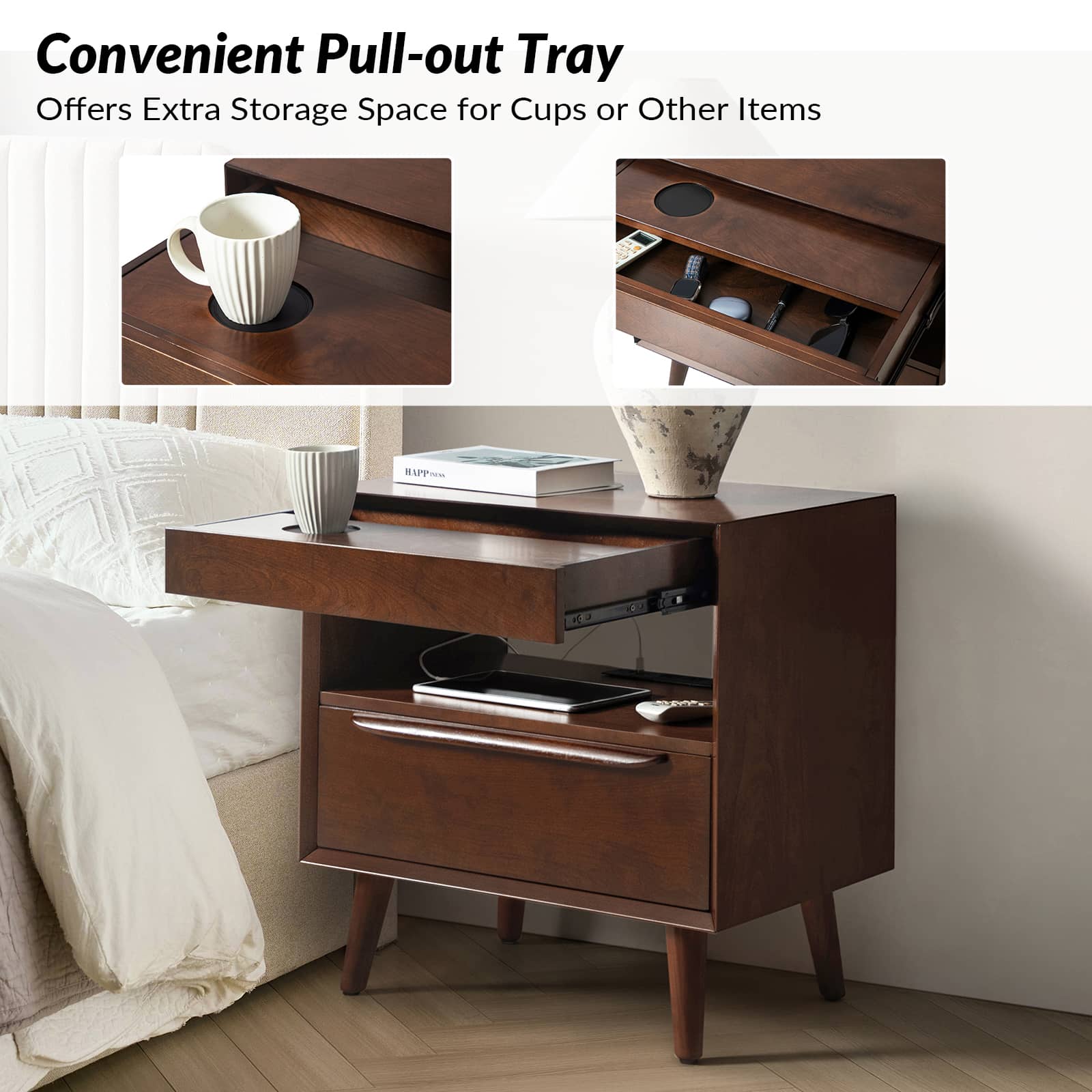 Mid Century Modern Nightstand with 2 Drawers & Built-In Outlets - Giralda Bedside Table for Bedroom, Living Room & Office (Optional Types)