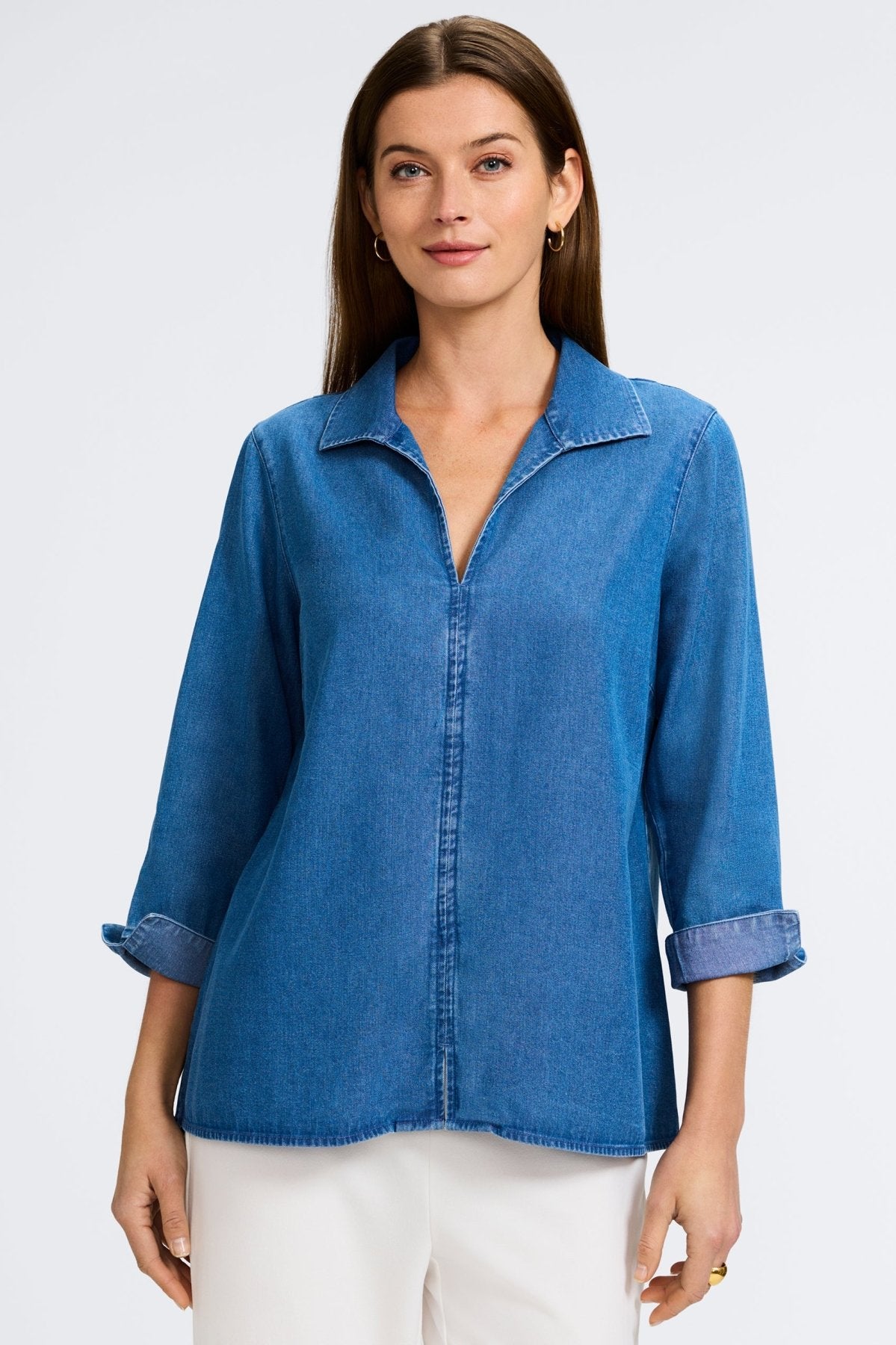 Agnes Tencel® Denim 3/4 Sleeve Popover Shirt for Women - Soft Sustainable Tencel Cotton Blend Top - Casual Office Wear & Weekend Outfits