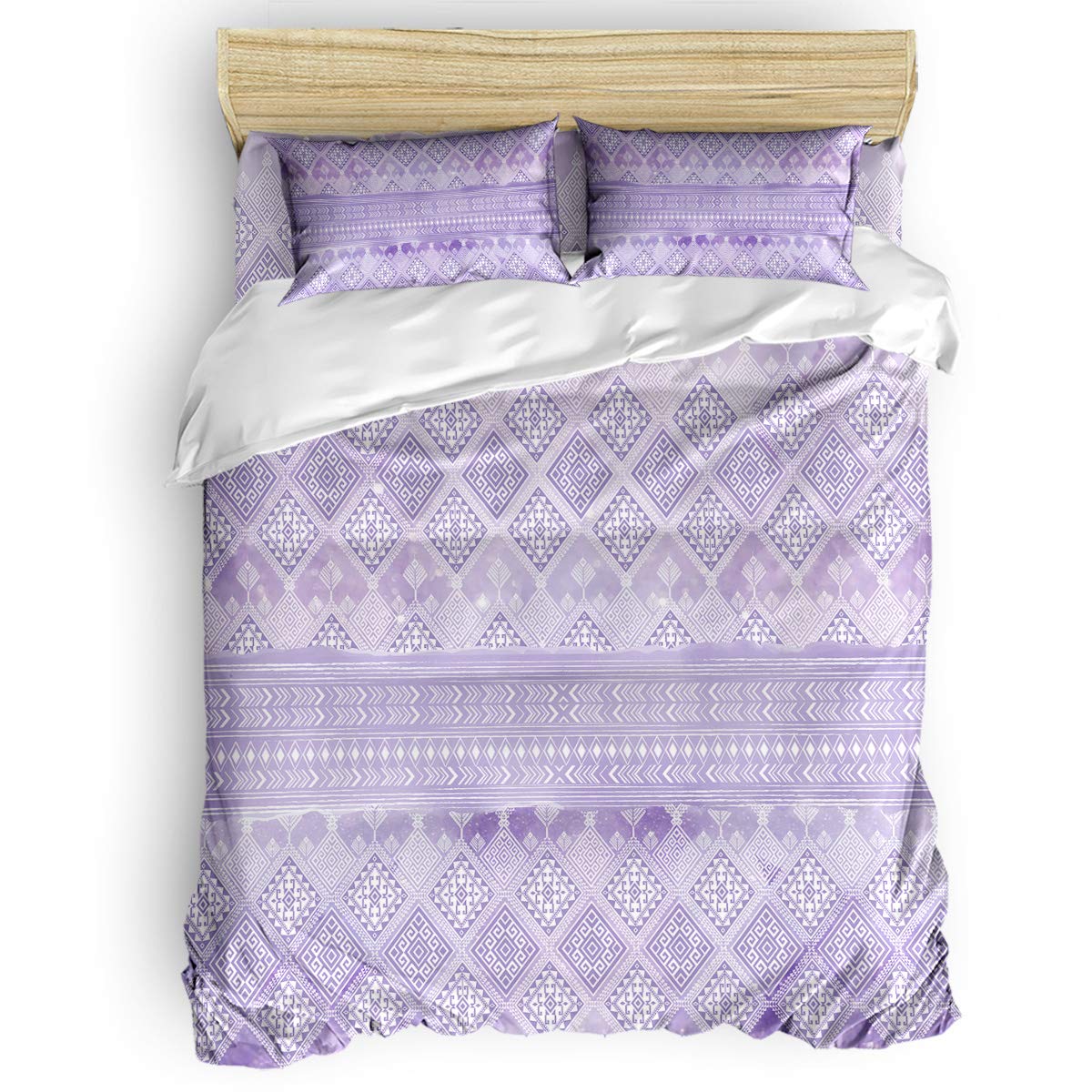 **Cute Ethnic Geometric Duvet Cover Set for Kids & Adults - Purple & White Bedding Set with 1 Comforter Cover, 1 Flat Sheet & 2 Pillowcases | Perfect for Boys, Girls & Home Decor**    *(Use Case: Ideal for kids' bedrooms, guest rooms, or stylish home decor with a playful geometric pattern.)*