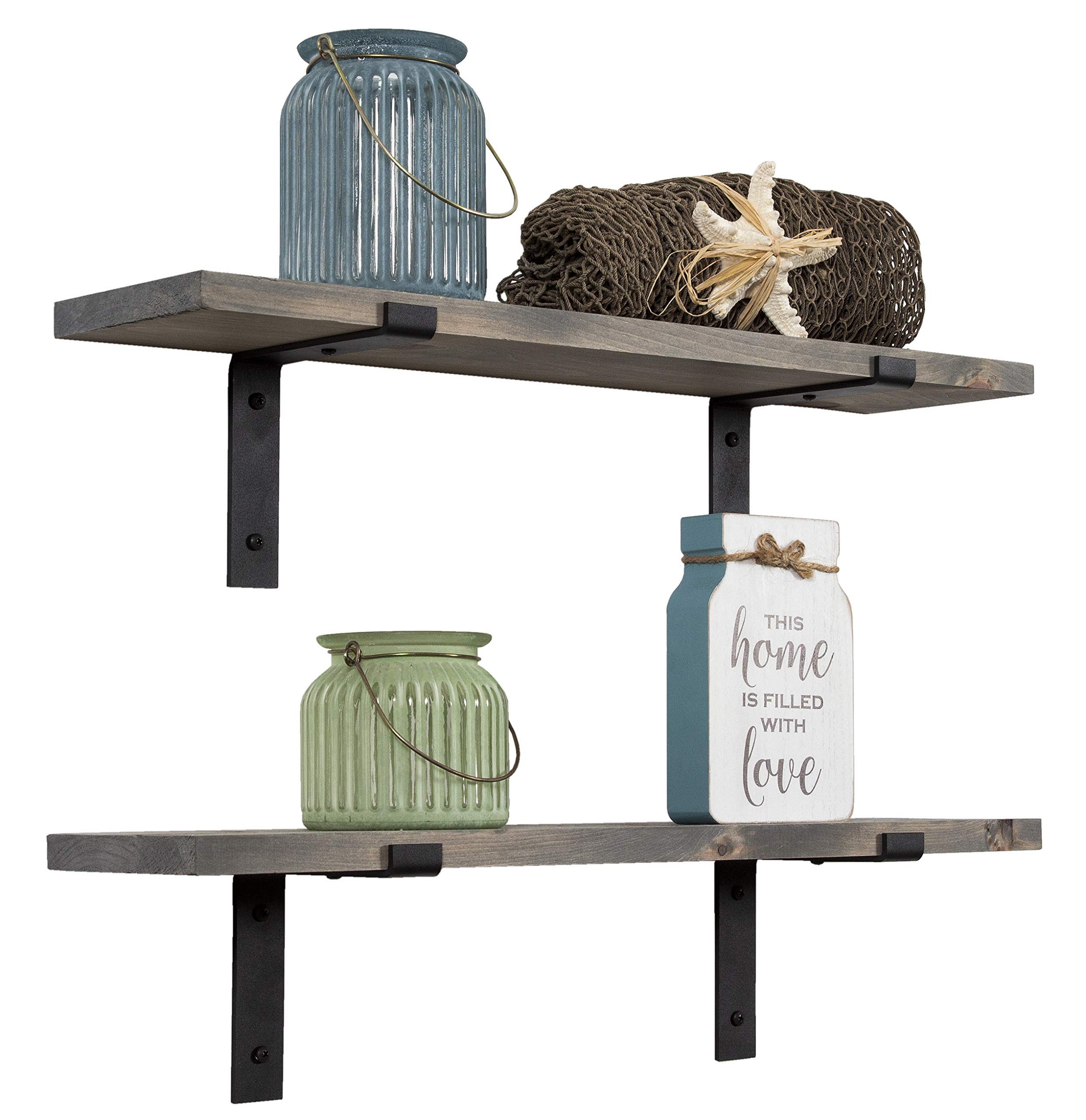 Rustic Wood Floating Shelves for Wall - Set of 2 Handmade Natural Wood Wall Shelves with L Brackets, 15