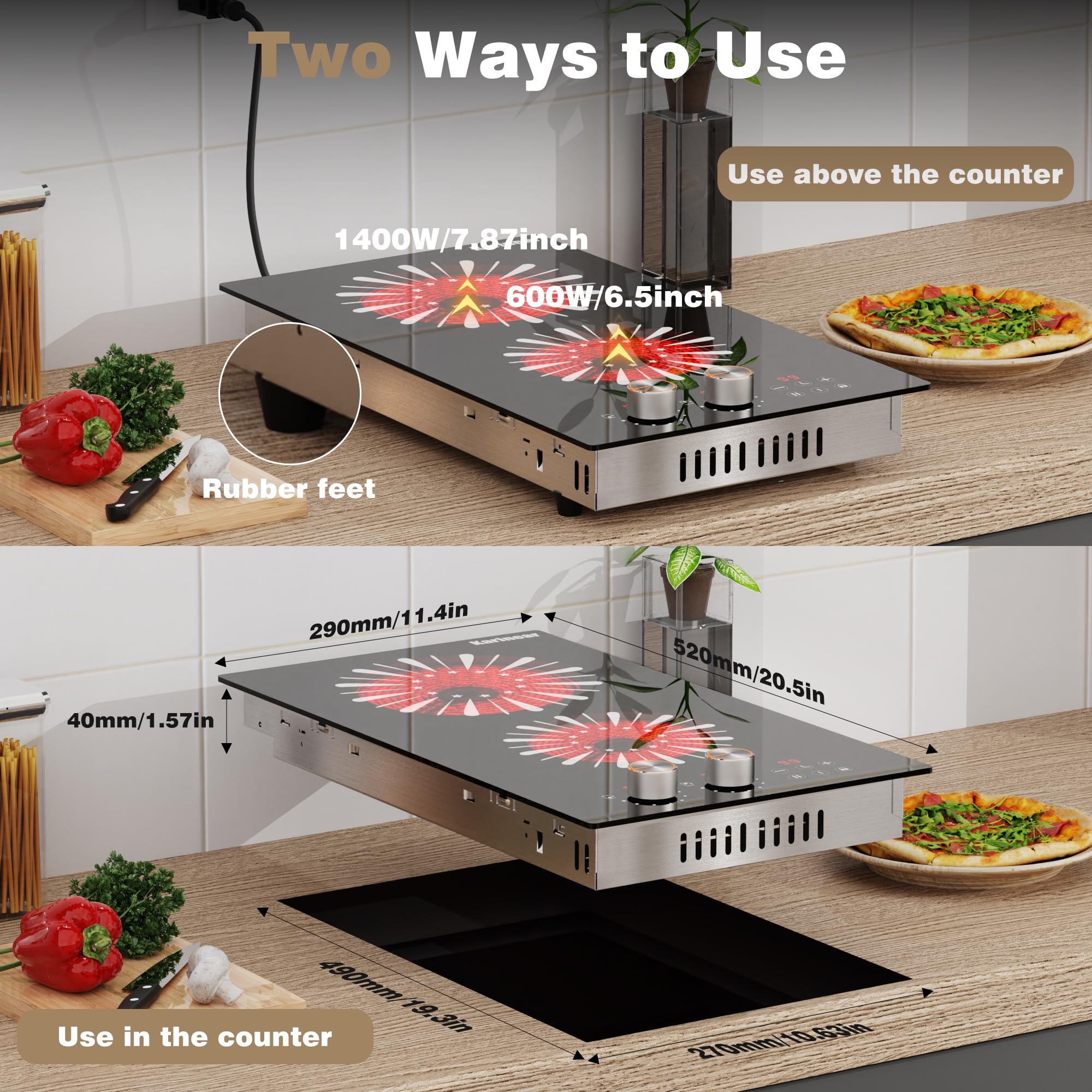 Karinear 12 Inch 110V Electric Cooktop with 2 Burners - Plug-in Countertop & Built-in Ceramic Stove Top, Knob & Touch Sensor Control, Multi-Functional Radiant Stove for Kitchen, RV, Dorm & Small Spaces