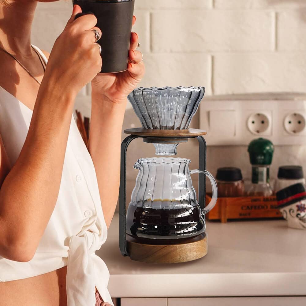 Premium Wooden Pour Over Coffee Stand Set - Glass Server, Dripper & Paper Filters for Perfect Coffee & Tea Brewing | Ideal for Home, Office & Cafe Use