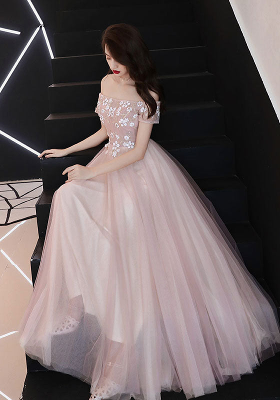 Elegant Pink Tulle Lace Long Prom Dress for Women - Romantic Ball Gown for Bridesmaids, Formal Dances & Special Occasions