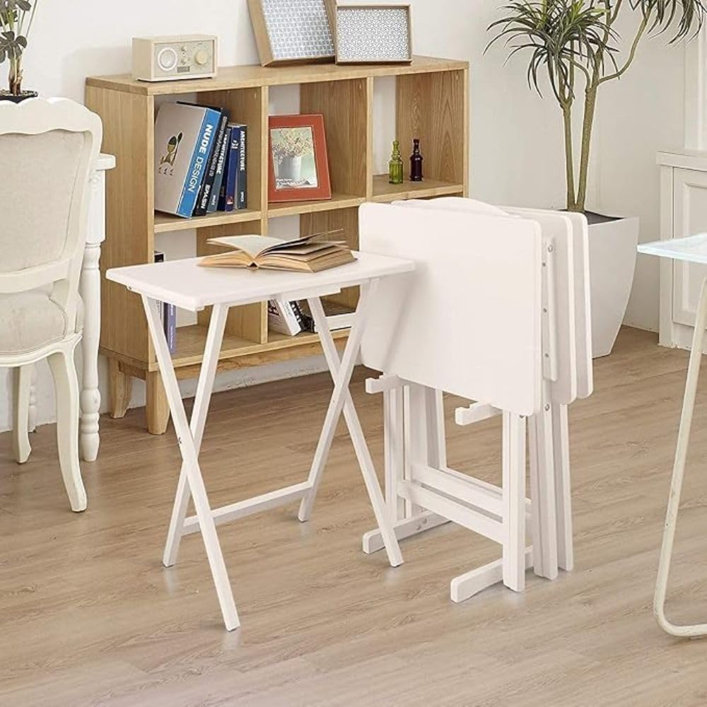 5-Piece Solid Wood Folding Laptop Desk Set - Adjustable Portable Computer Stand, Lightweight Workstation for Gaming & Office Use - Multi-Purpose Snack Tray & Decorative Table (White) - Perfect for Home Office, Dorm Room & Small Spaces