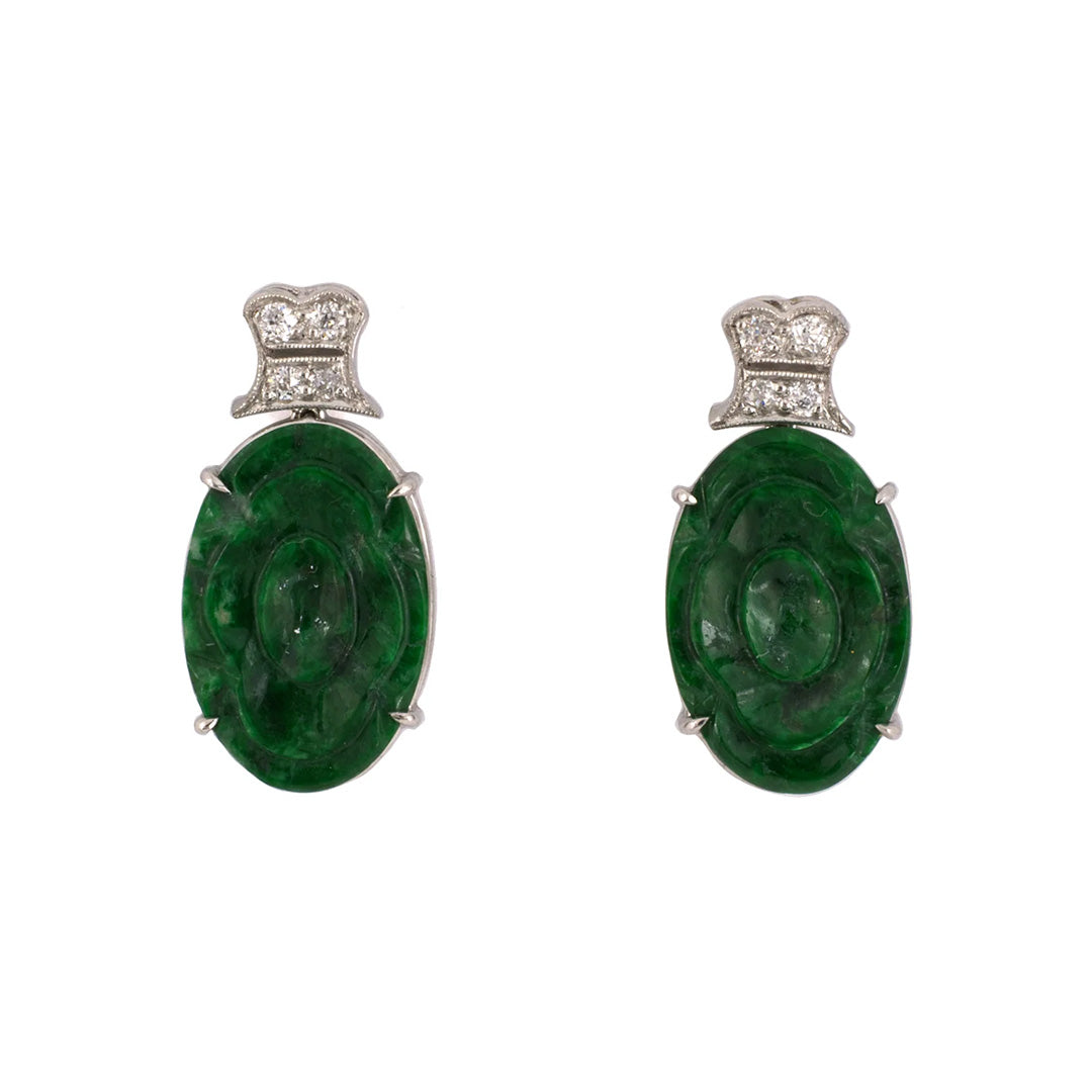 Art Deco Style Green Jadeite and Diamond Floral Drop Earrings for Women - Vintage Inspired Jewelry Gift for Weddings, Parties & Special Occasions