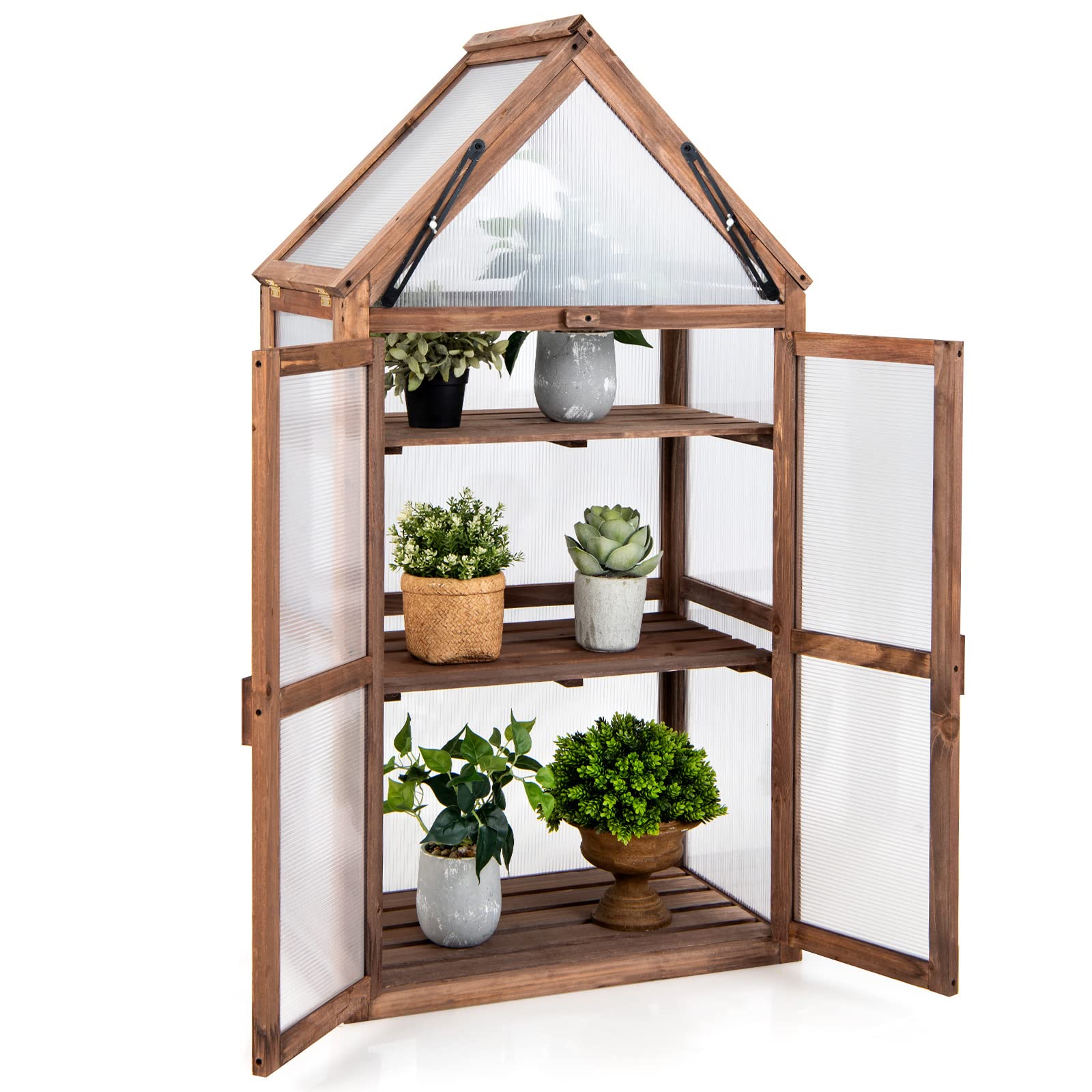 Happygrill Cold Frame - Mini Wooden Greenhouse with Transparent Openable Roof, Raised Flower Planter Shelf & 3 Adjustable Shelves, Polycarbonate Panels - Indoor/Outdoor Small Wood Greenhouse Cabinet for Gardening, Seed Starting & Plant Protection