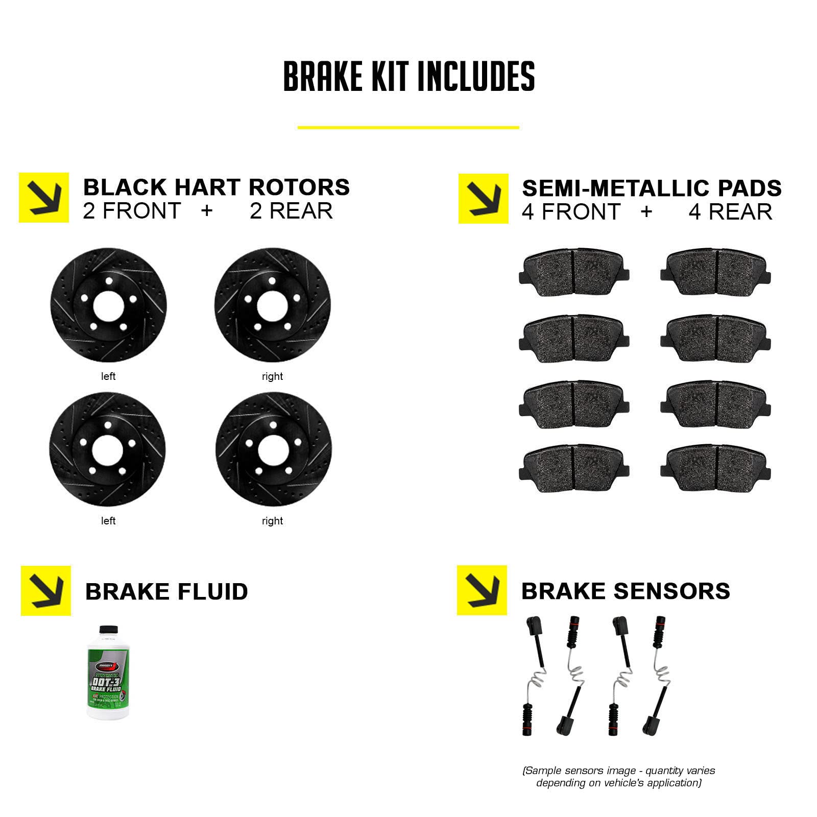 Hart Brakes Front & Rear Brake Pads and Rotors Kit - Semi-Metallic Brake Pads with Sensor Wire | BHCC.32002.63 | Perfect for Sedans, SUVs, and Trucks | Smooth Braking Performance for Daily Commute & Highway Driving
