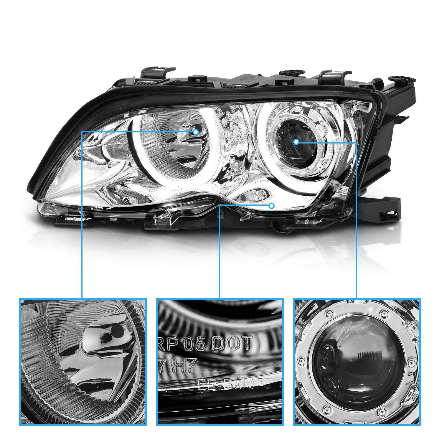 AmeriLite BMW E46 Halo Projector Headlights - Chrome Pair for 02-05 Models - Upgrade Your Ride