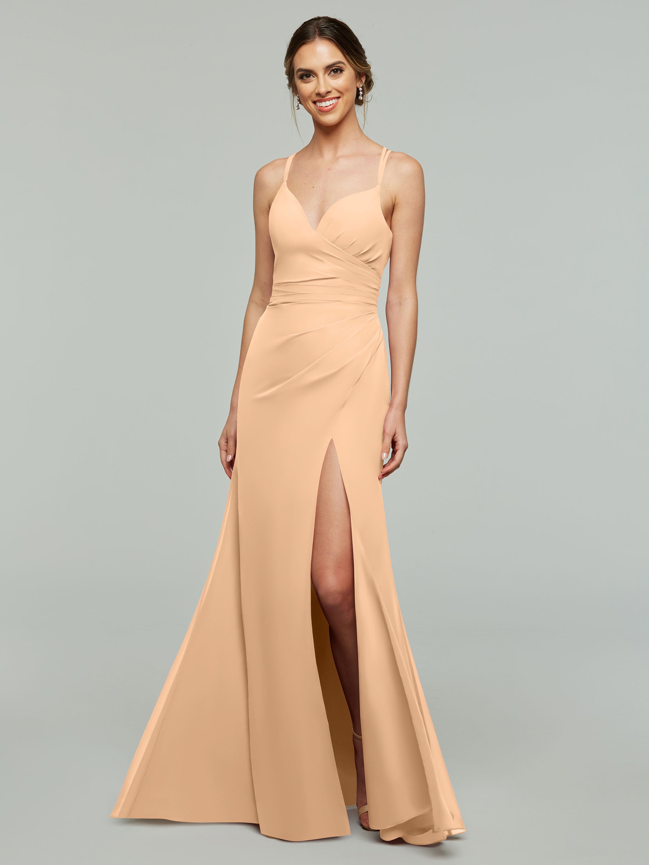 Elegant 80130 Chiffon Sheath Bridesmaid Dress with V-Neck & High Slit - Perfect for Weddings, Formal Events & Evening Parties