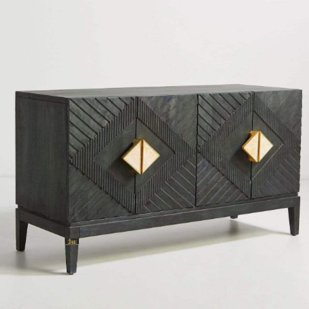 Golden Dragon Solid Mango Wood Modern Designer 2-Door Sideboard in Black - Stylish Storage Cabinet for Living Room, Dining Room & Entryway