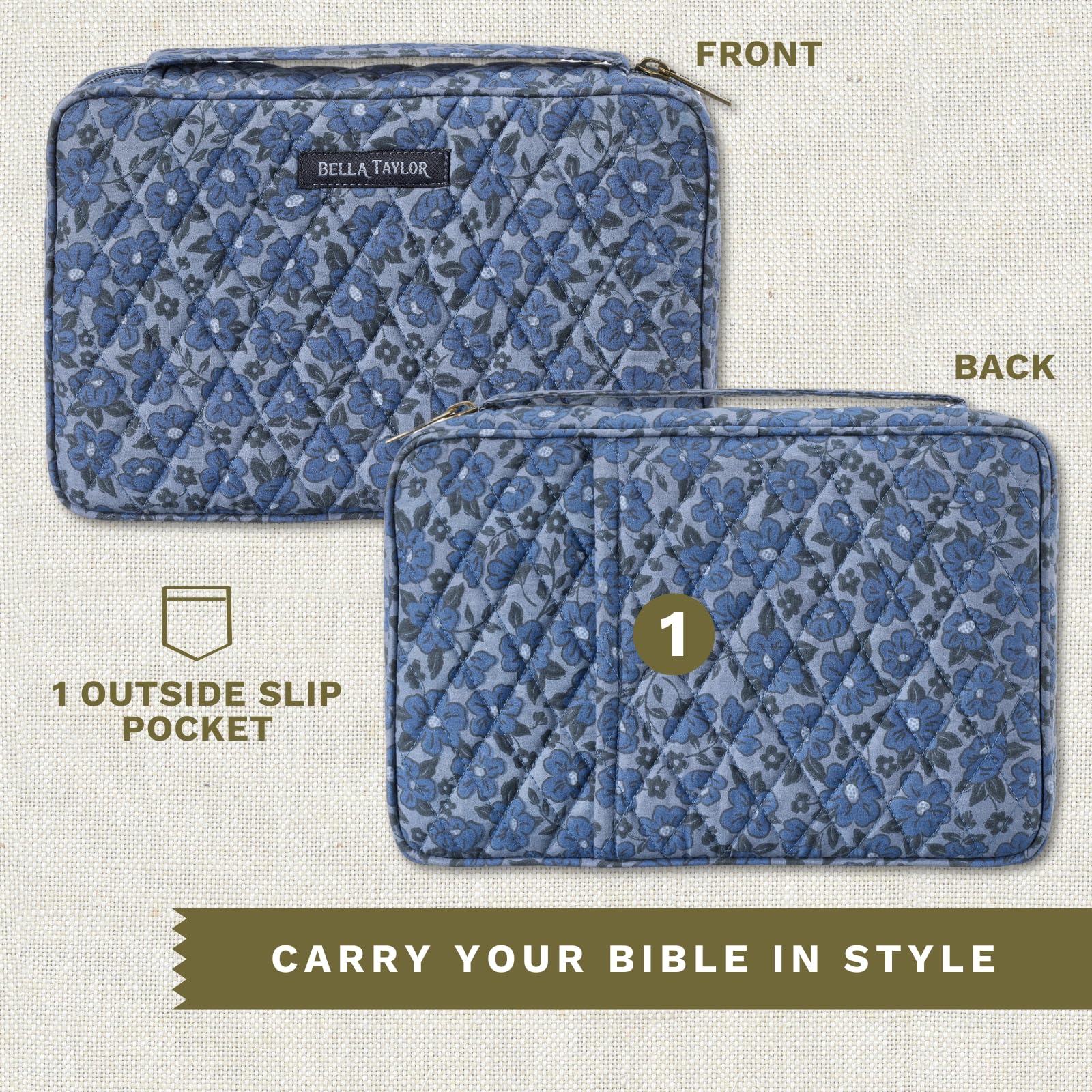 Bella Taylor Small Bible Cover for Women - Quilted Cotton Bible Case for 6 x 9 inch Books - Navy Floral Design - Perfect for Church, Travel & Daily Devotion