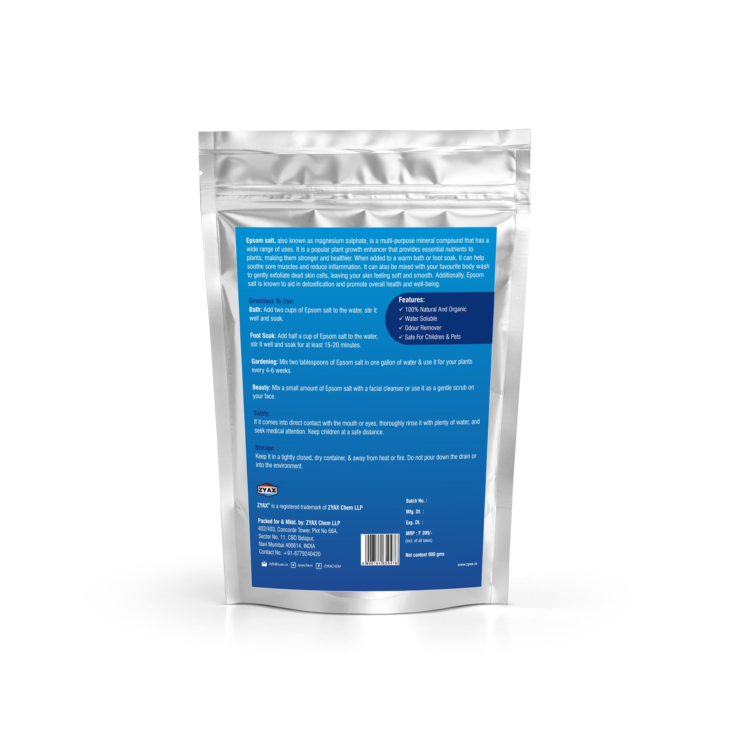 ZYAX Epsom Salt 900g - Pure Magnesium Sulfate for Muscle & Pain Relief, Foot Soak, Plant Fertilizer & Relaxing Bath - Perfect for Spa, Gardening & Post-Workout Recovery