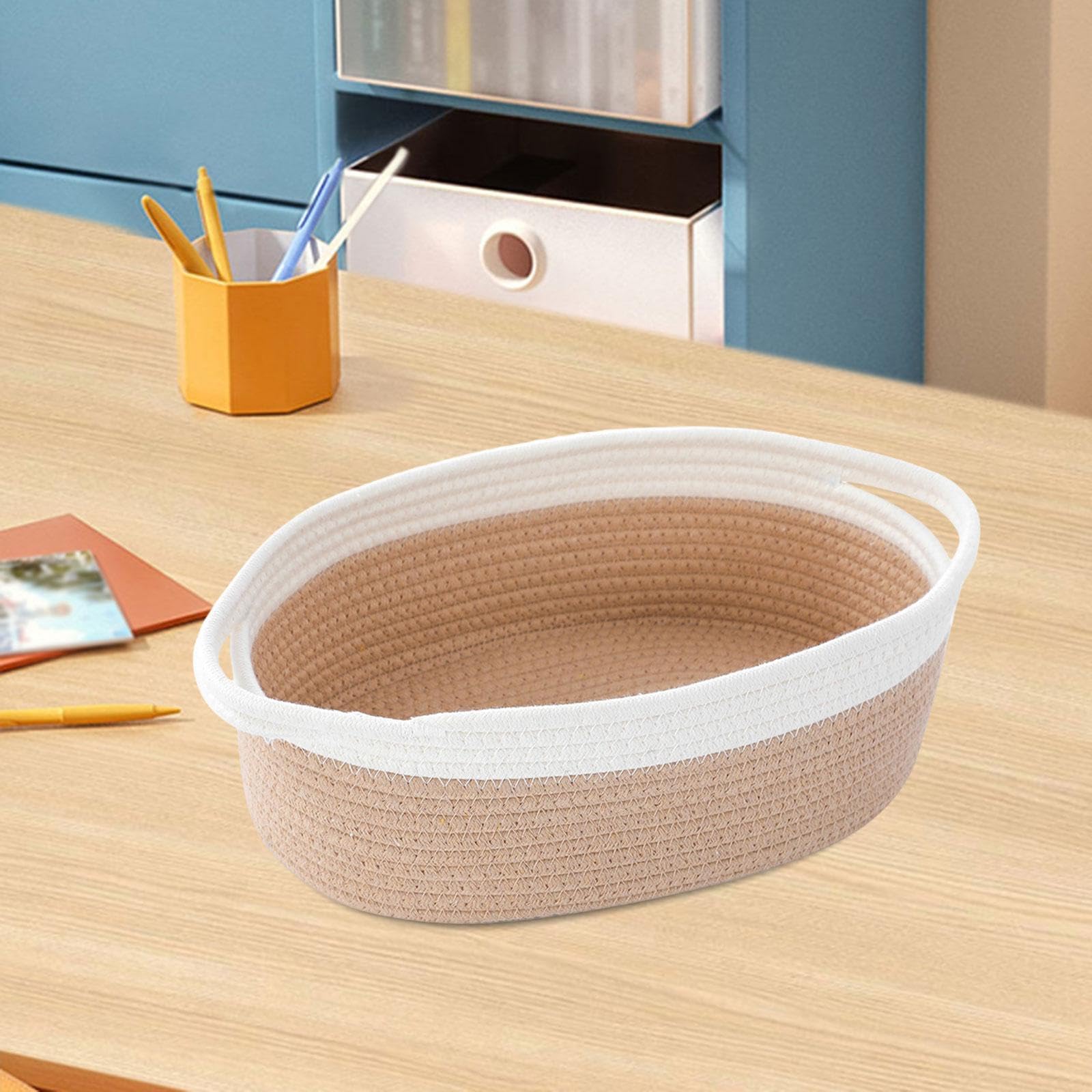 Bestga Cotton Rope Woven Basket with Handle - 30x20x12.5cm Sturdy Decorative Storage Basket for Baby Nursery, Laundry, Towels & Snacks - White & Yellow Home Organization Gift