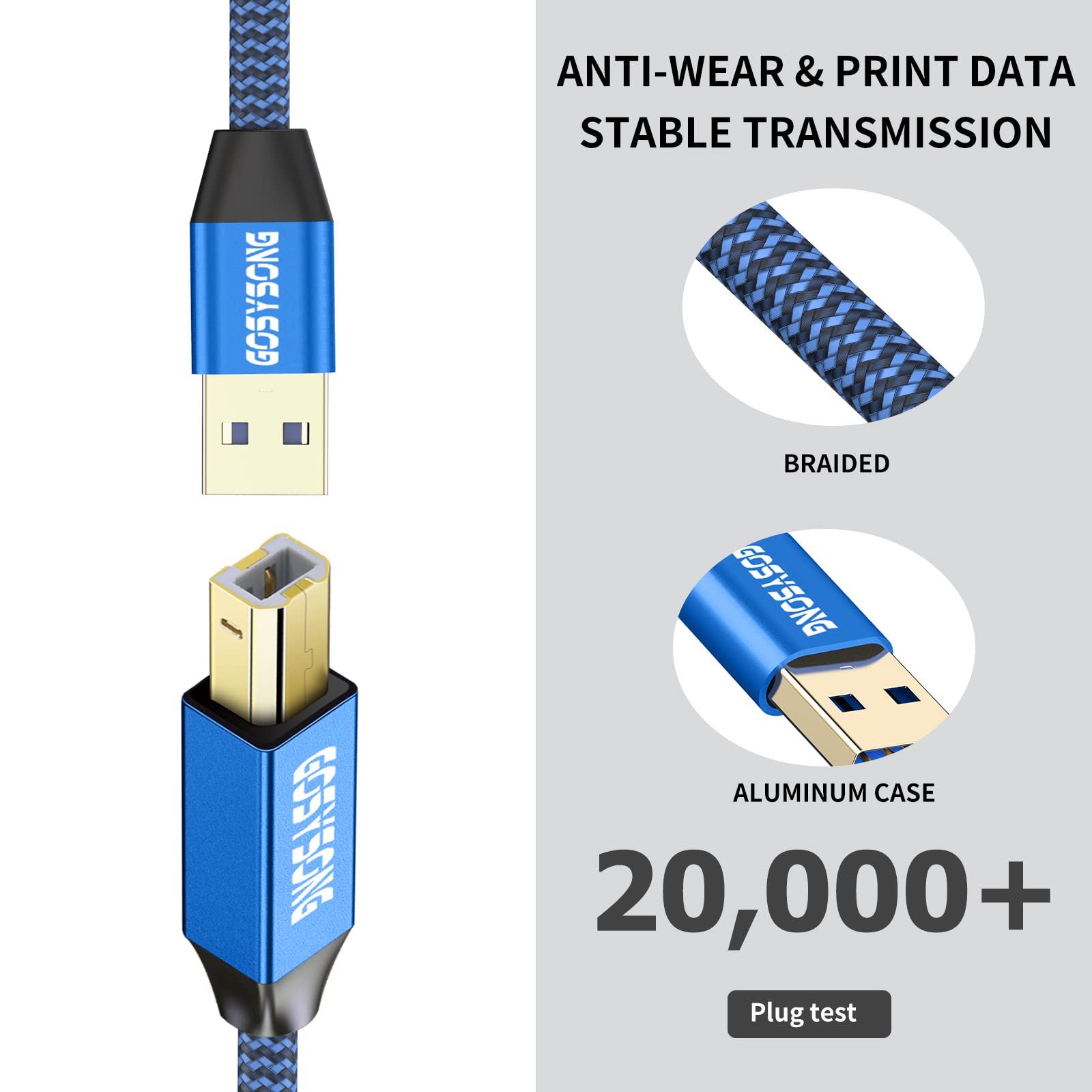 20ft USB 2.0 Printer Cable - High Speed A to B Cord for HP, Canon, Dell, Epson, Xerox Printers - Durable Blue Cable for Office, Home & Studio Printing