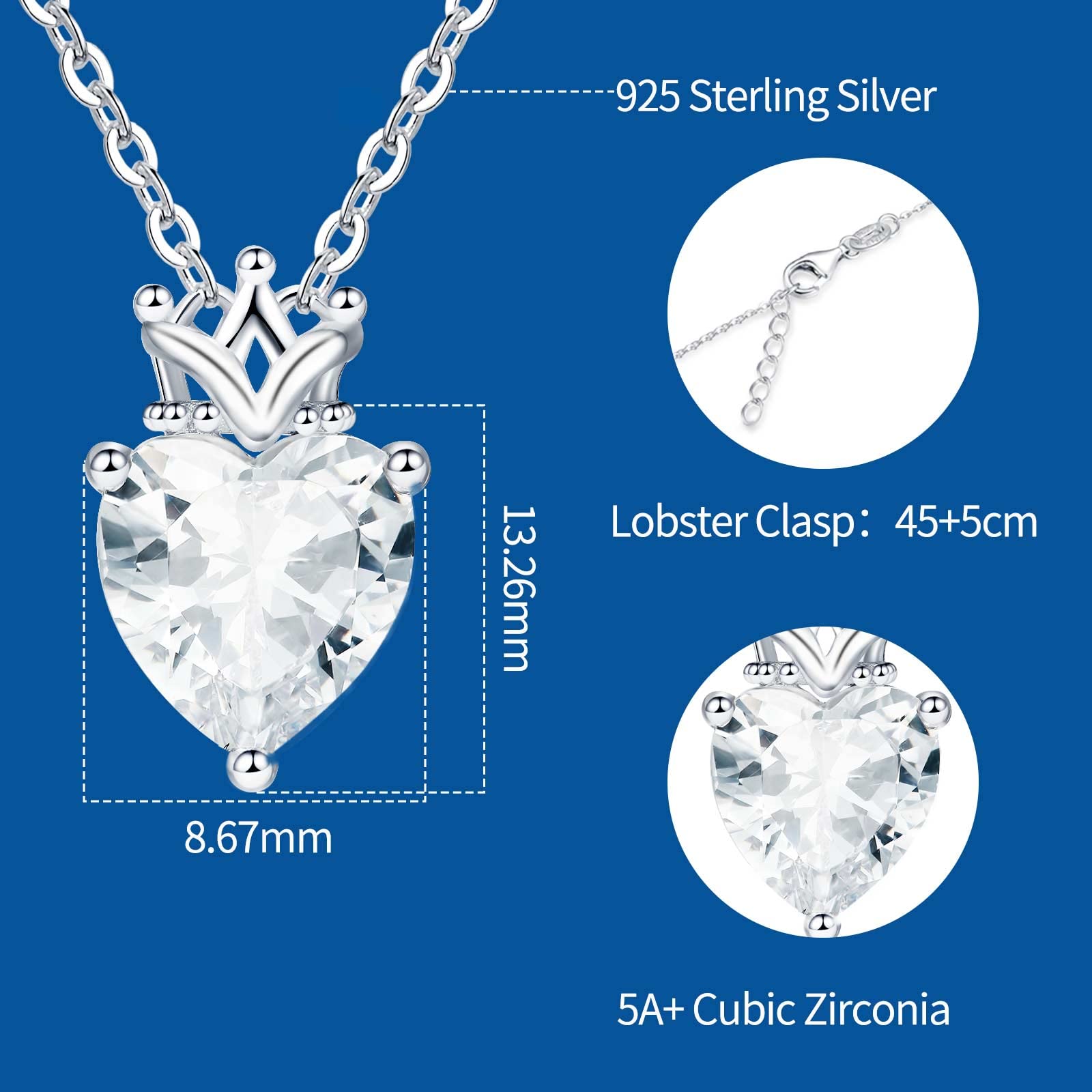 925 Sterling Silver Birthstone Heart with Crown Pendant Necklace | Cubic Zirconia Princess Queen Jewelry | Elegant Birthday Gift for Women, Girlfriend, Wife | Perfect for Anniversaries, Valentine's Day & Special Occasions