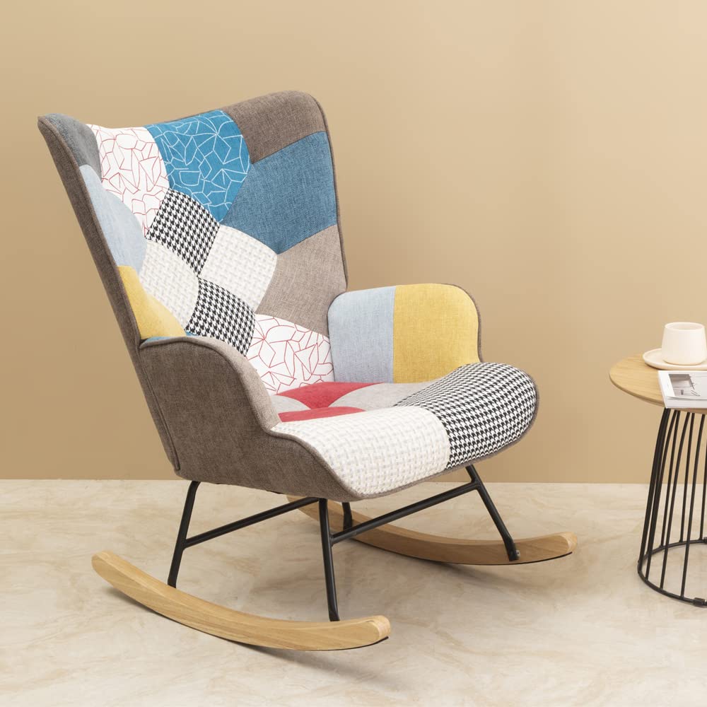HomVent Upholstered Rocking Chair - Mid Century Modern Fabric Nursery Rocker with Tall Back & Wood Base, Comfortable Accent Armchair for Adults & Kids, Perfect for Living Room, Bedroom, Nursery or Reading Nook