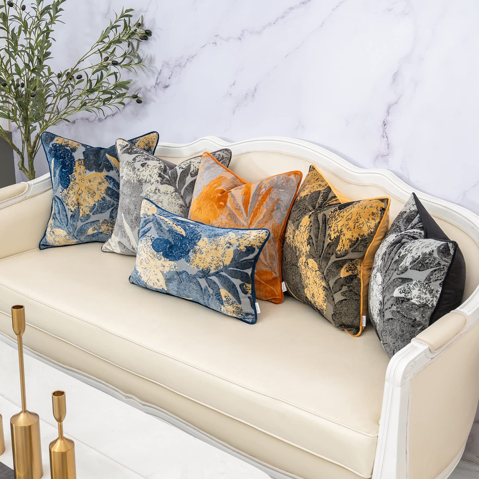 Yangest Grey Leaf Square Pillow Cover - 20x20 Inch Cut Velvet Cushion Cover for Sofa, Living Room & Bedroom | Luxury Modern Home Decor for Cozy Comfort