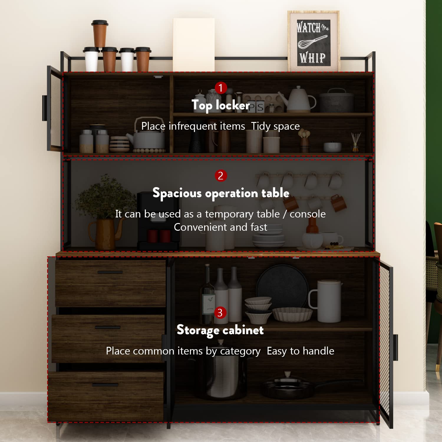 Large Kitchen Hutch Cabinet with 3 Metal Doors & 3 Drawers - Rustic Brown Pantry Storage Cupboard with Microwave Shelf (59