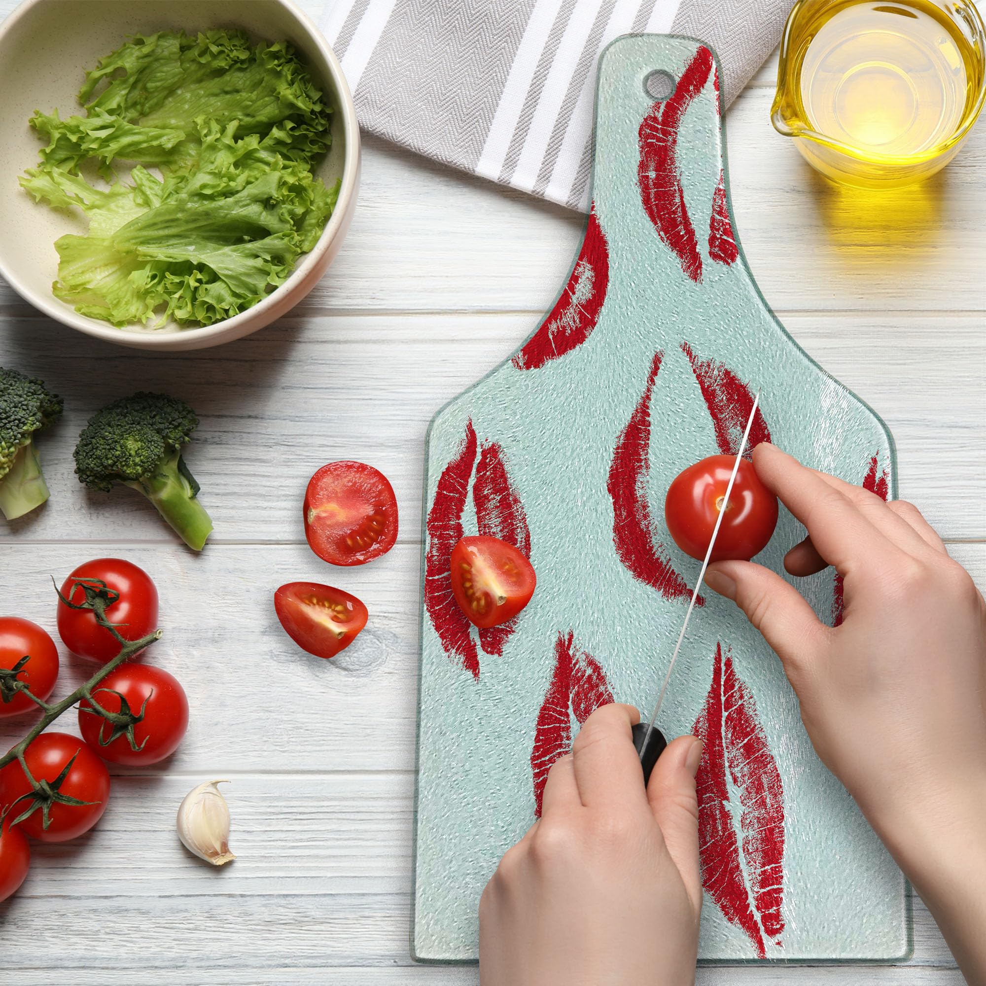 Ambesonne Red Lipstick Kiss Cutting Board - Tempered Glass Serving Board with Seductive Lip Marks, Wine Bottle Shape - Perfect for Romantic Dinners, Wine & Cheese Pairings, and Unique Home Decor