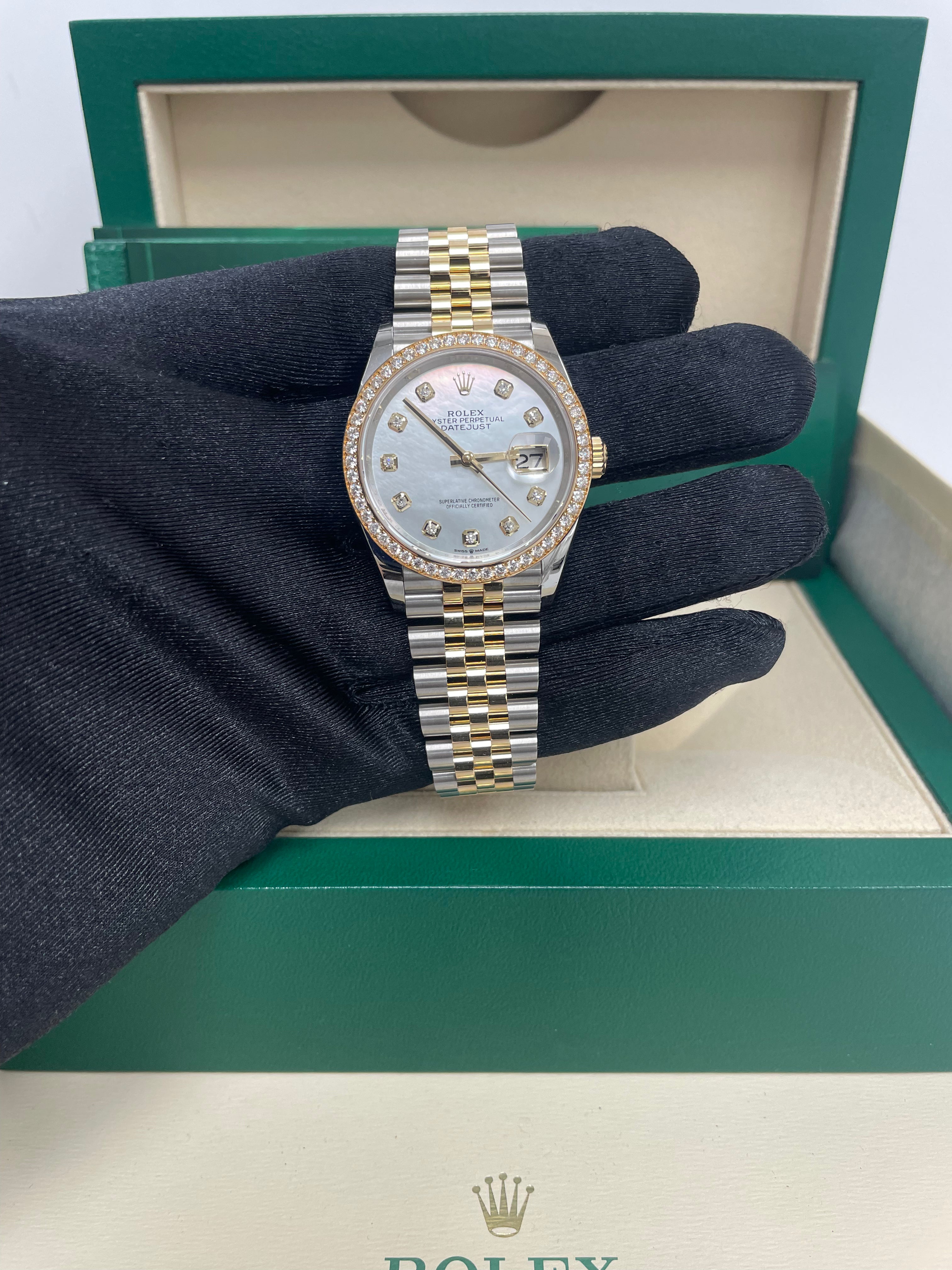 Rolex Datejust 36 Rolesor Watch - Yellow Diamond Bezel & White Mother of Pearl Dial - Jubilee Bracelet Ref.126283RBR - Luxury Dress Watch for Men, Perfect for Weddings & Formal Events