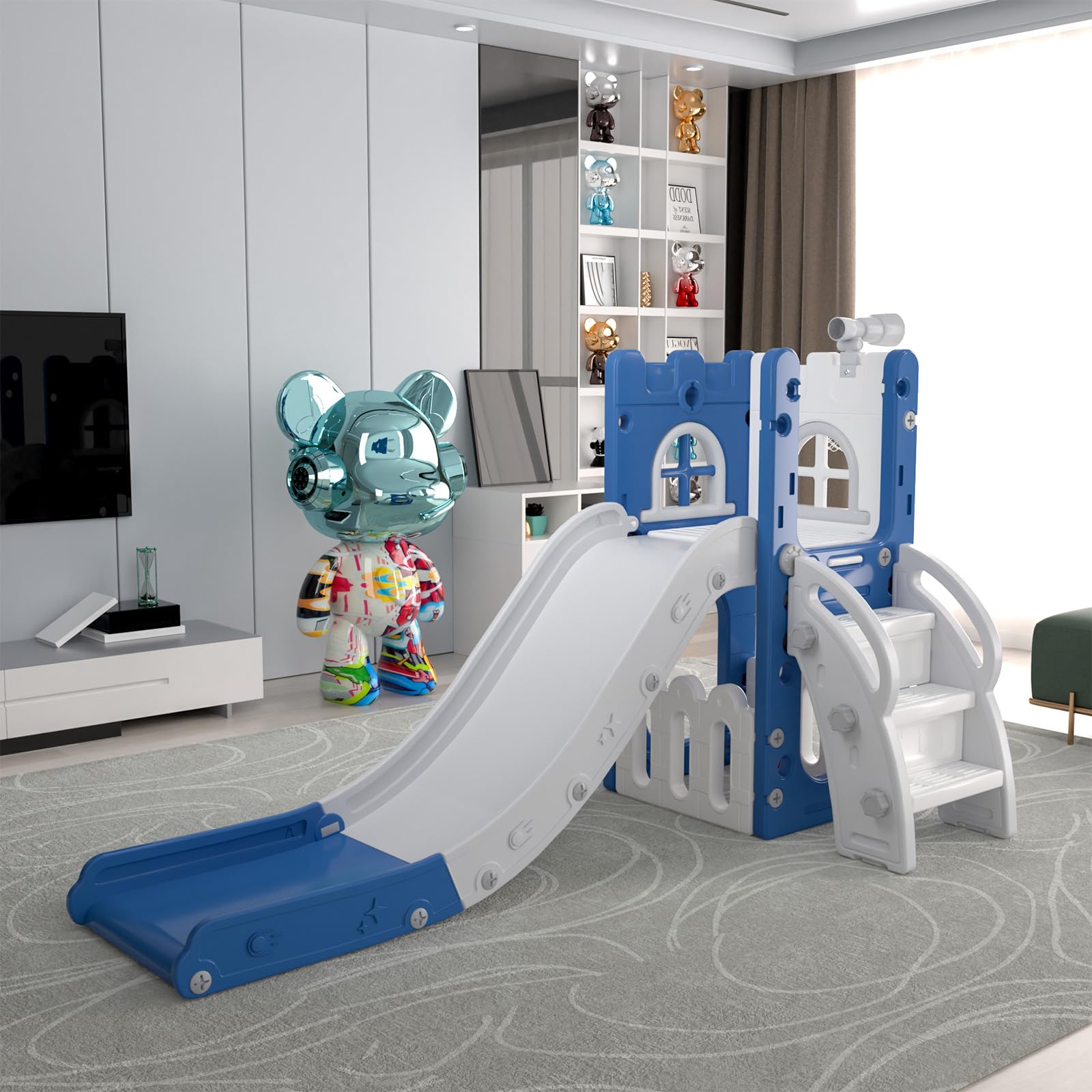 MOCUTEEN 6-in-1 Toddler Slide & Playset - Indoor/Outdoor Baby Playground with Basketball Hoop, Storage Bin & Telescope - Climbing Toys for Kids Ages 1-3 - Perfect for Backyard, Park & Daycare Play Areas